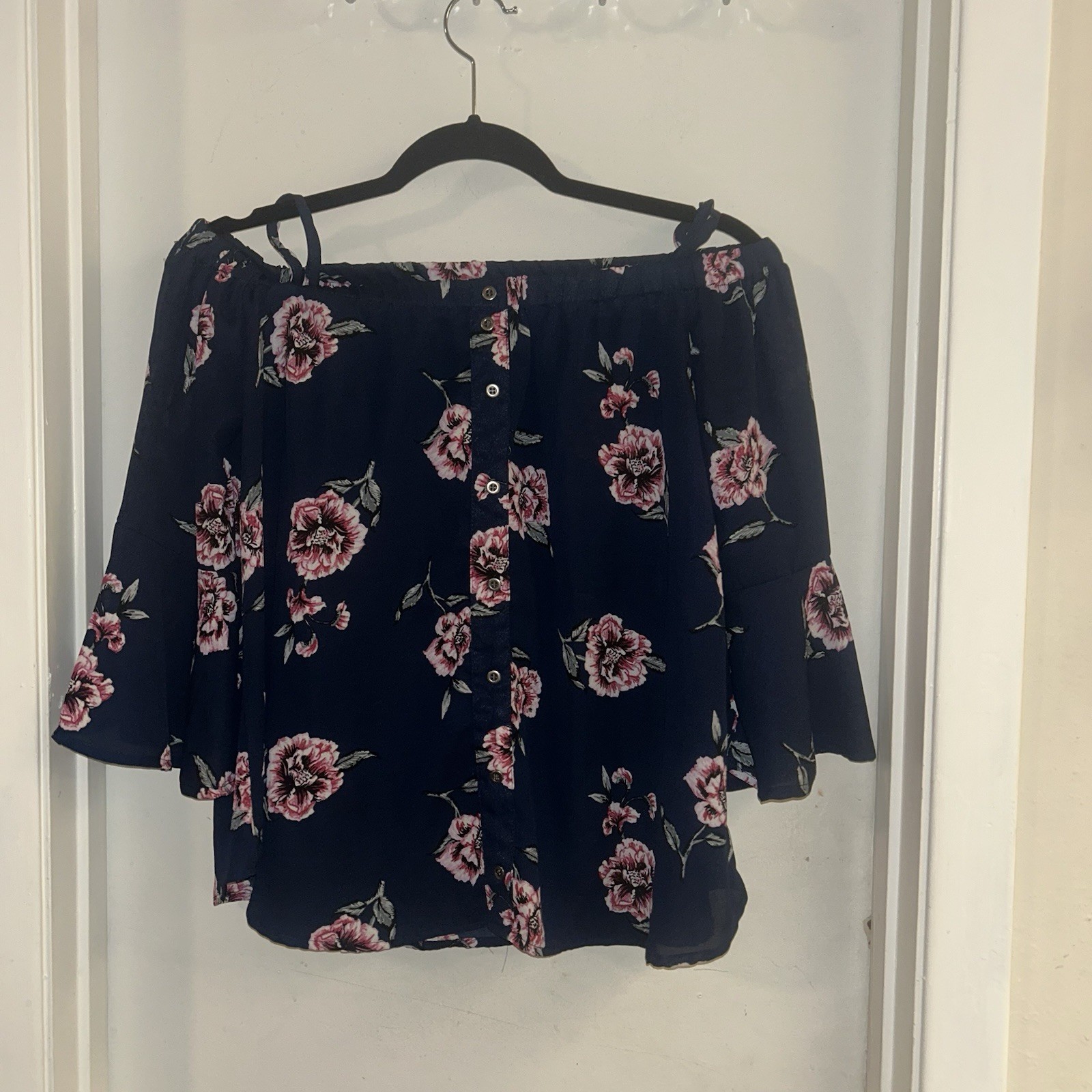 Seven Sisters Blue Floral Peasant Preppy Cottage Chic Off Shoulder Blouse Small