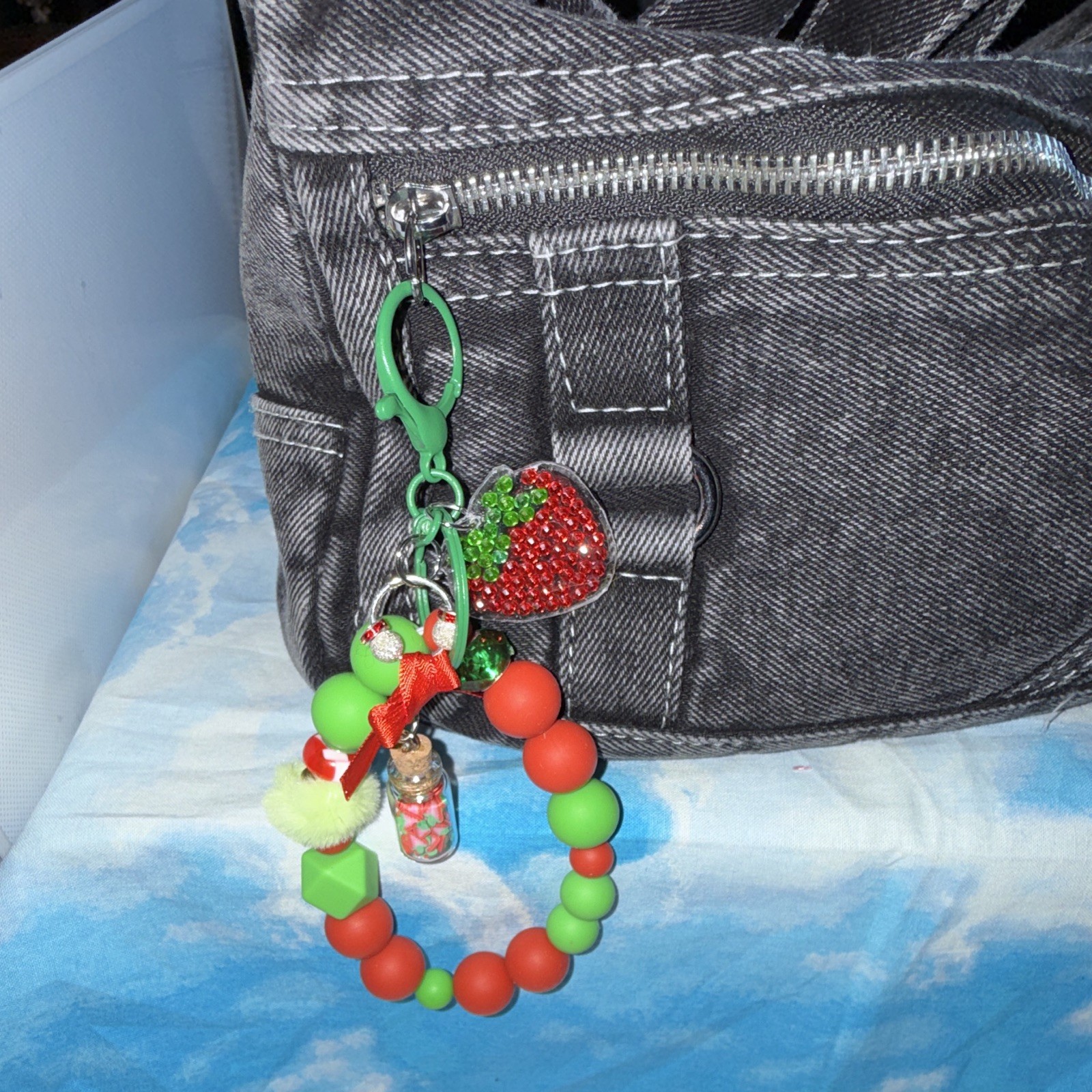 Red & Green Strawberry Beaded Wristlet Key Chain/Bag Charm w/Bow & Pom Pom