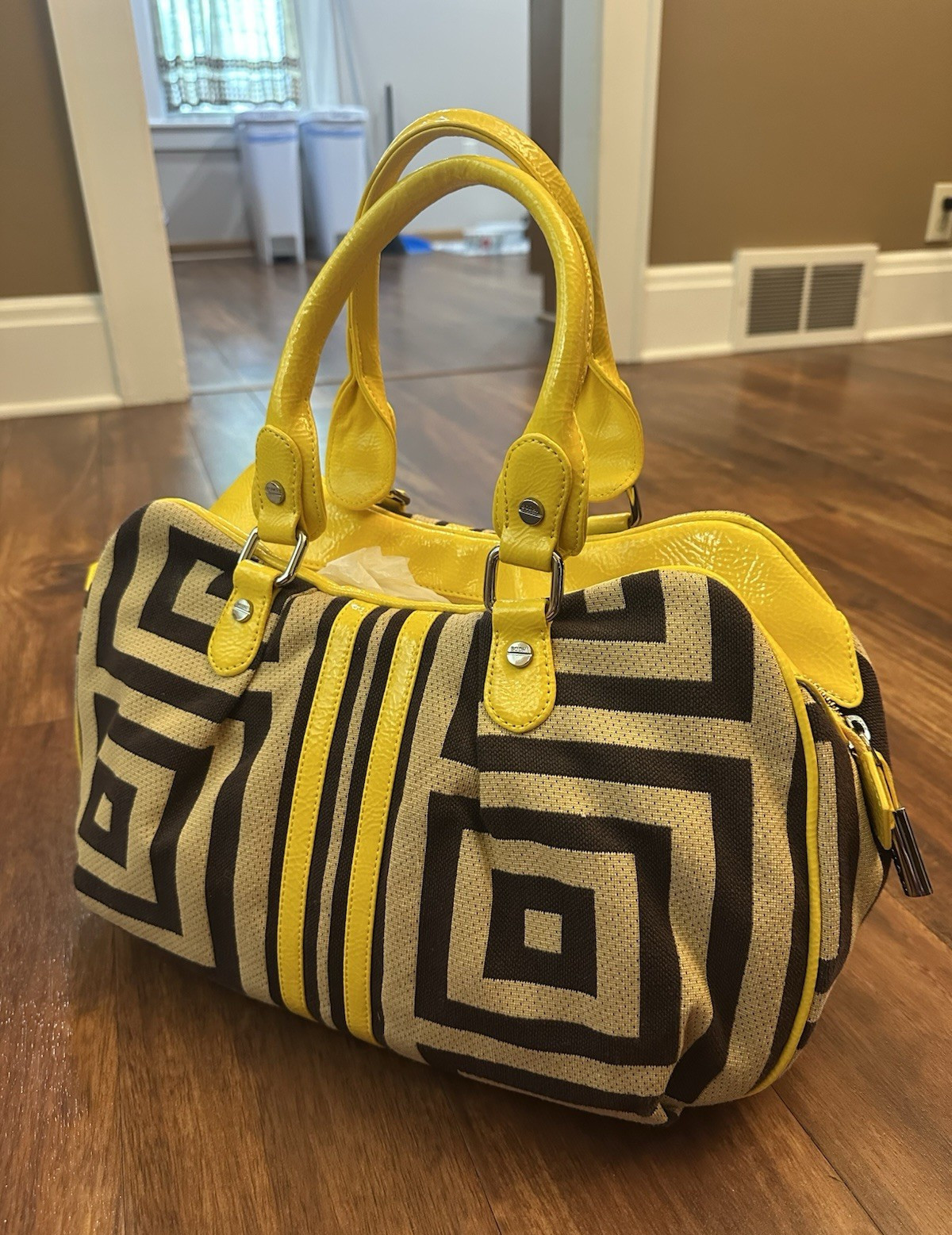 BODHI Medium Geometric Satchel Top Handle Bag Black Beige Yellow Zip w/ Dust Bag