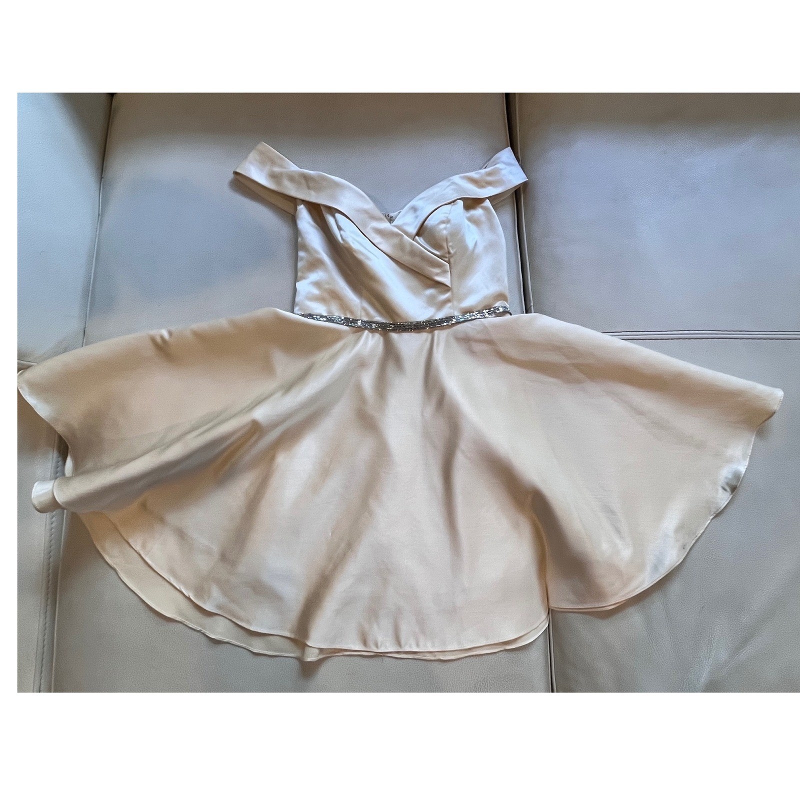 Ladivine Cinderella Divine L Champagne Satin Off Shoulder Rhinestone Mini Dress