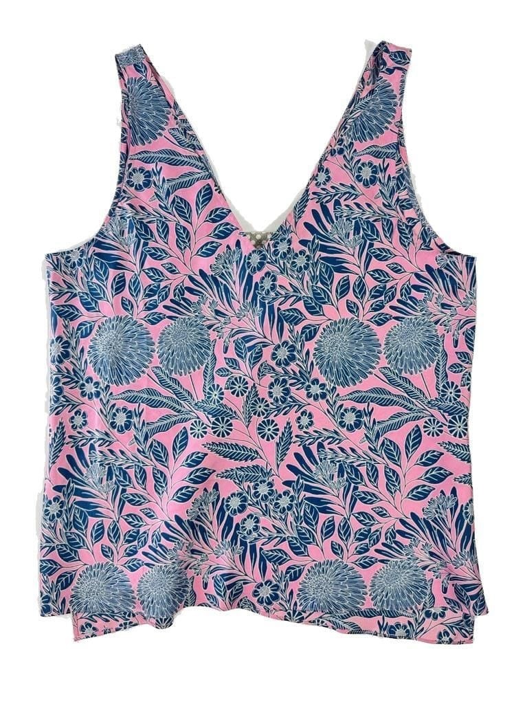 Abigail Borg for J.Crew Pink and Blue Floral 100% Silk V-Neck Sleeveless Tank To