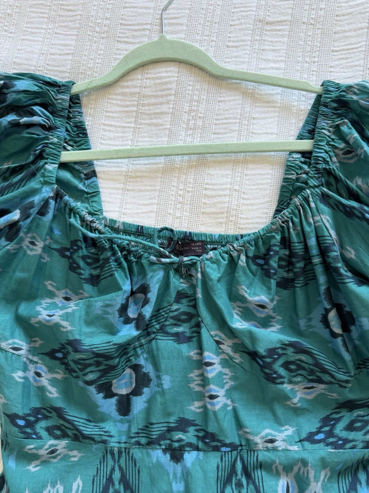 Marks & Spencer Teal Blue Green Puff Sleeve Midi Dress Size 14 Cotton Tiered