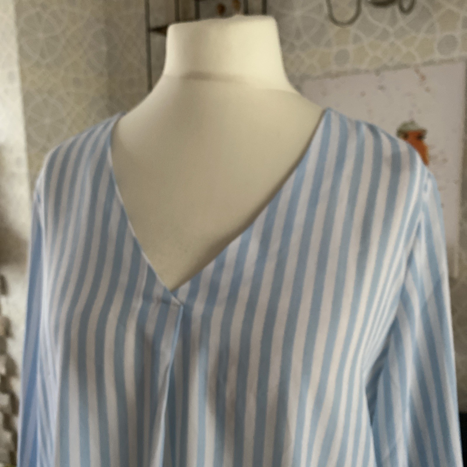 Studio Sky Blue White Stripe V Neck Top Size 18 Roll Tab Sleeve Summer Holiday
