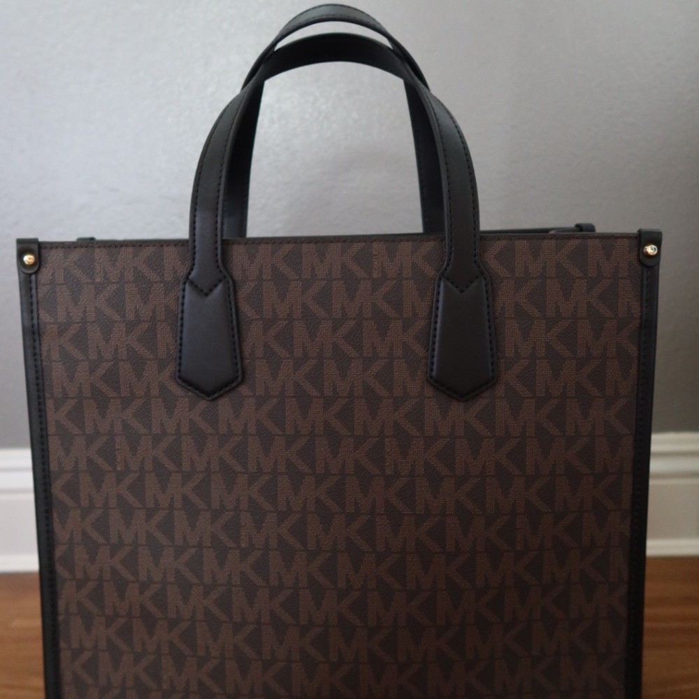 Michael Kors MK Monogram Tote Brown/Black Gold Hardware MK Charm Snap Pockets