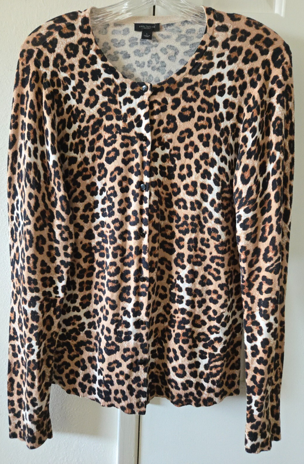 Ann Taylor Black & Tan Animal Leopard Print Lt Wgt Crew Cardigan Sweater 12 14 L