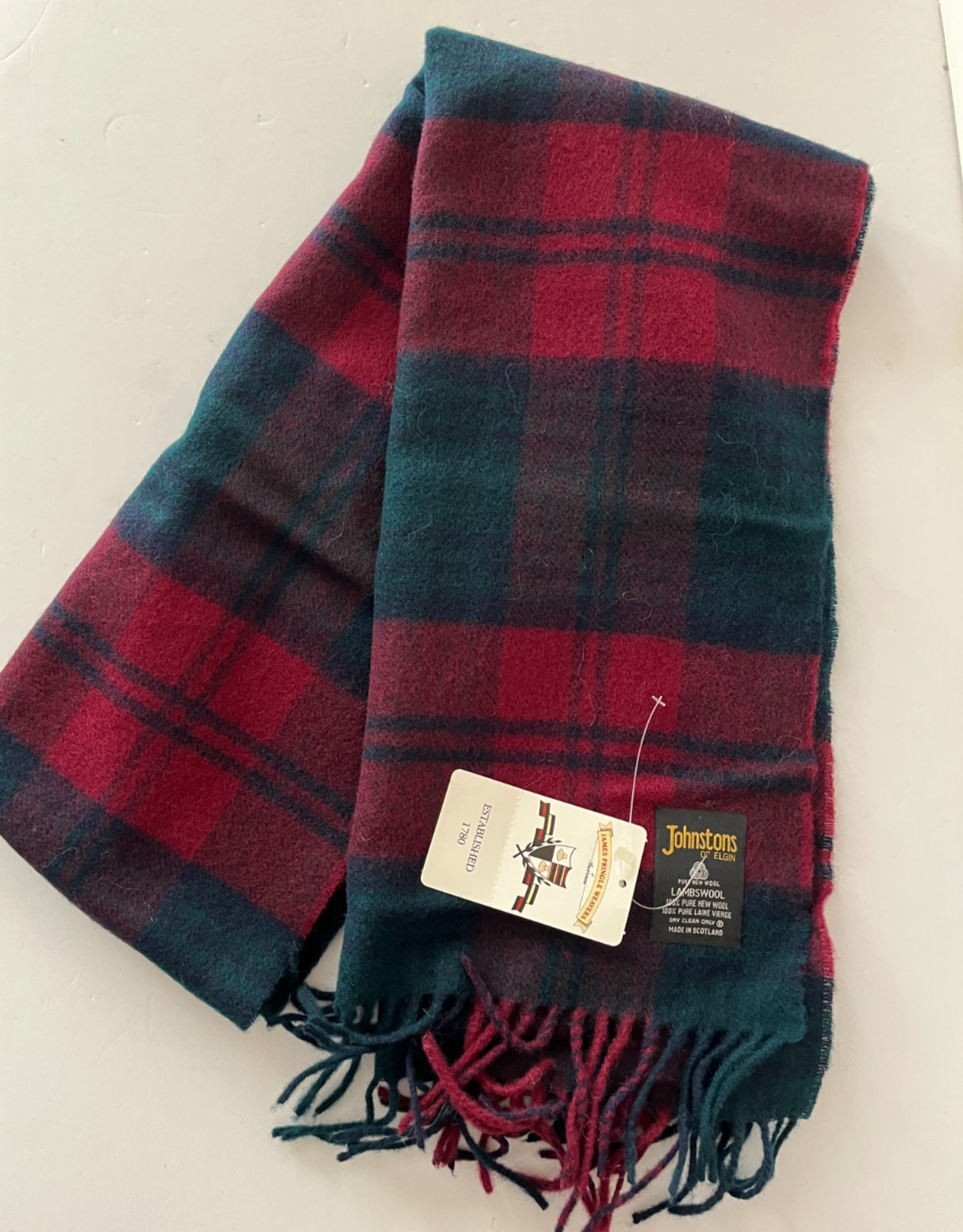Johnstons of Elgin Lambswool Check Stole Scarf 75×15 in, Made in Scotland