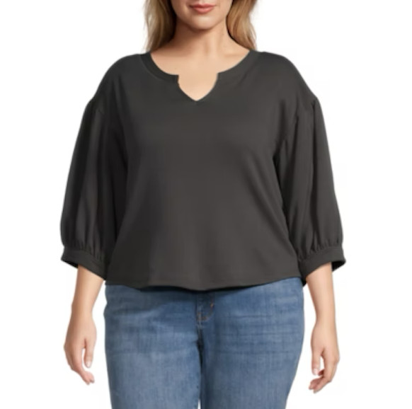 a.n.a Women’s Split Crew Neck 3/4 Sleeve Top Plus Size 3X Pirate Black