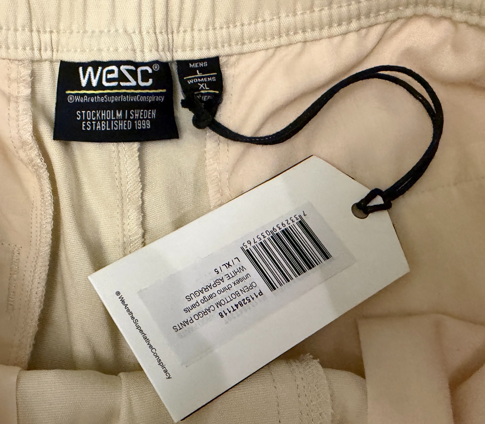 WeSC Open Bottom Cargo Pants Unisex Chino Style-Men L/Women XL-Pale Yellow-NWT