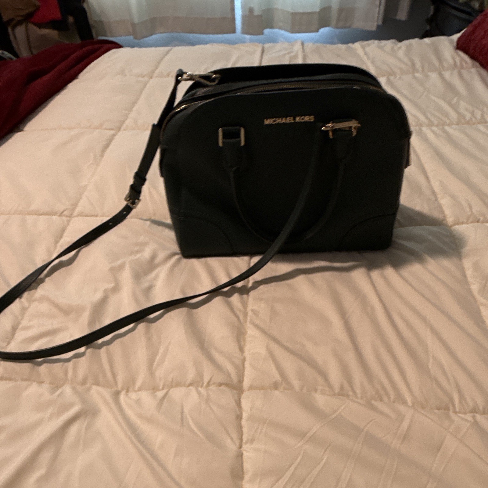 Michael Kors Green Pebbled Satchel Top Handle Bag Zip Detachable Strap Gold