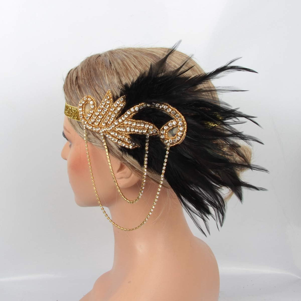 1920S Flapper Headband Roaring Vintage Feather Headpiece Gold Bling Rhinestone 2