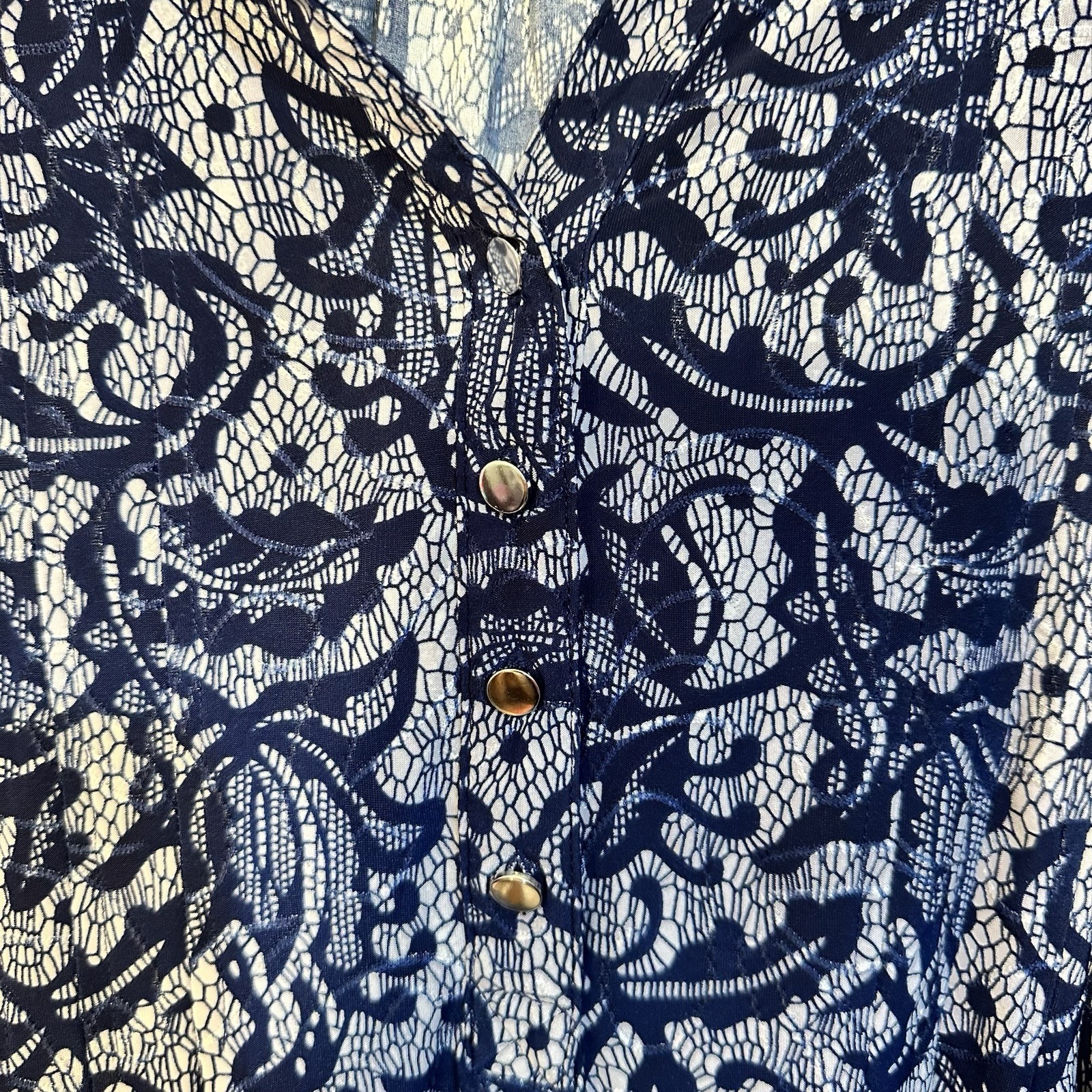 New Directions Womens Plus 3X Navy & White Floral Lace 3/4 Sleeve V-Neck Blouse