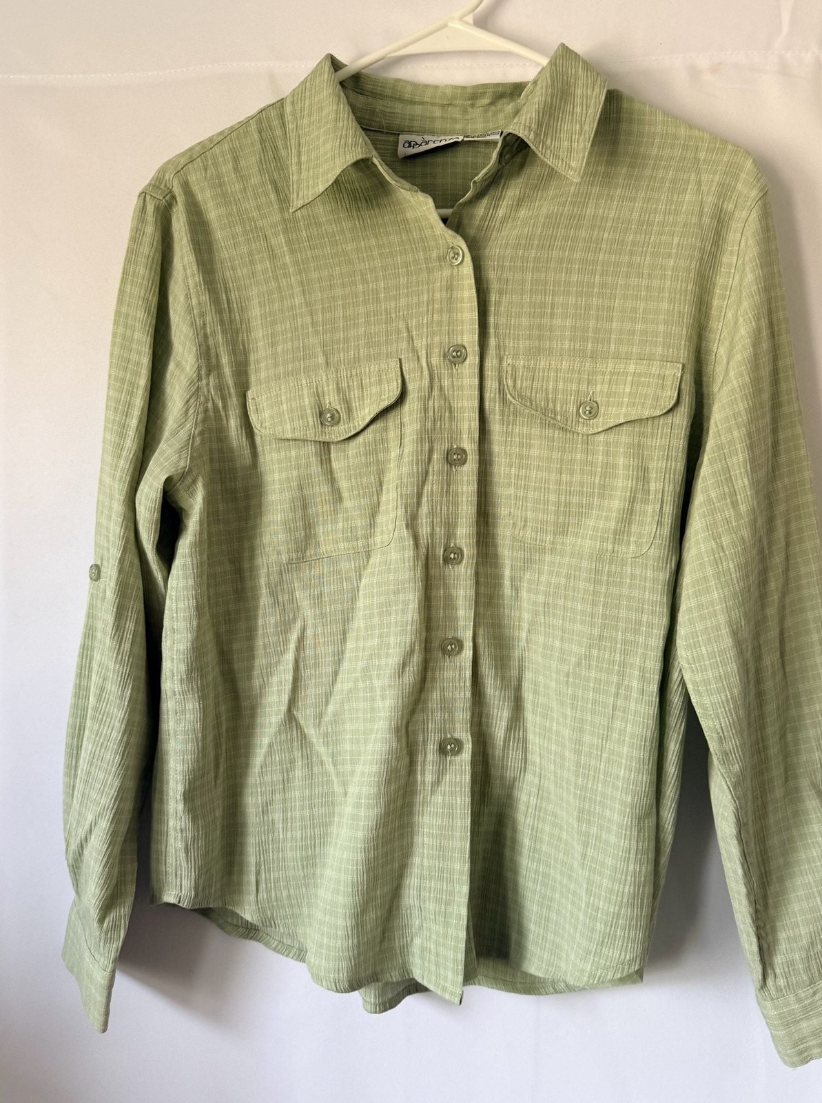 Apparenza Sage Green Checked Long Sleeve Textured Button Down Shirt Petite Med