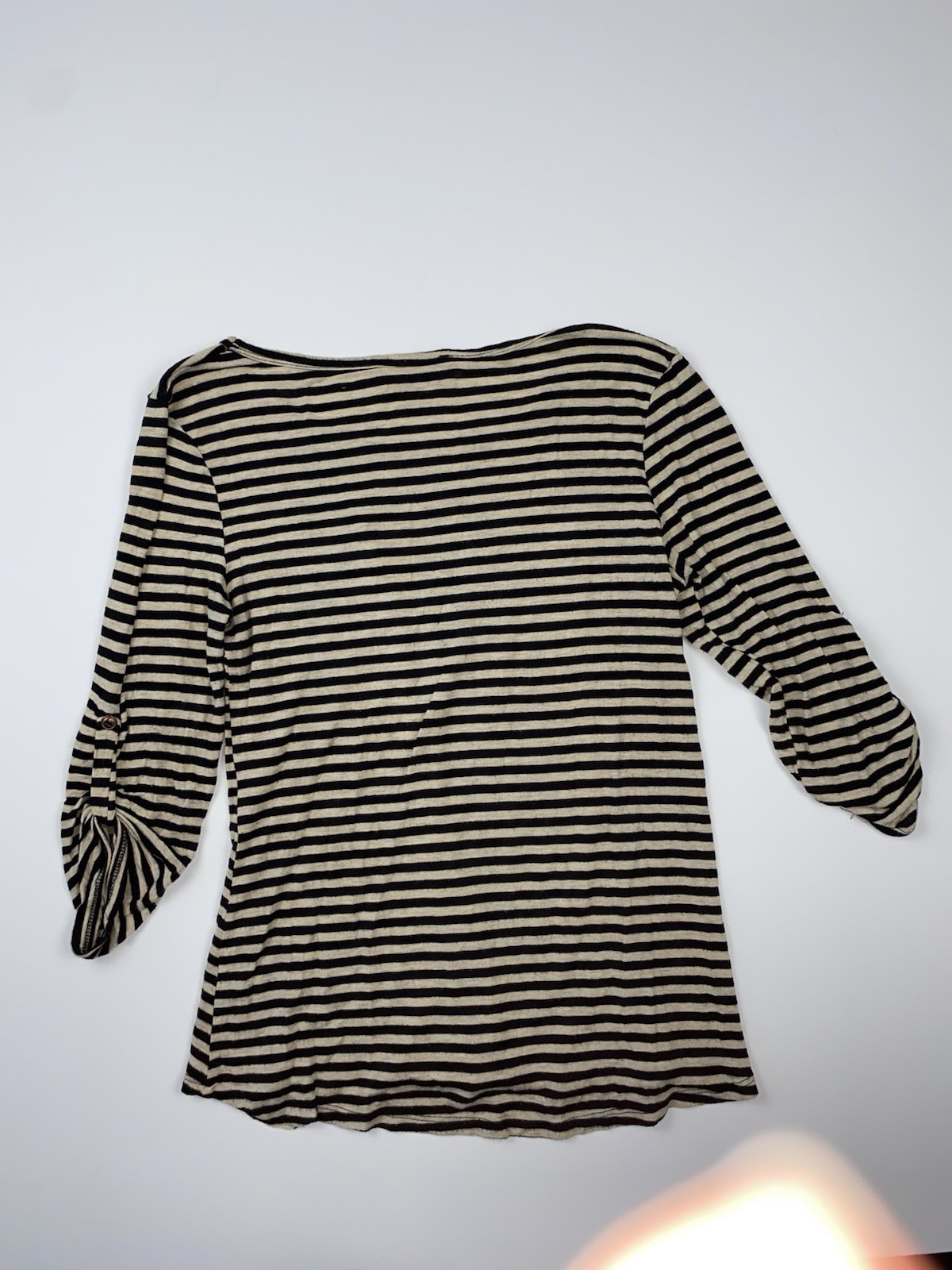 OBOE Women’s M Black Beige Striped Scoop Neck Distressed Top Red Zip Pocket