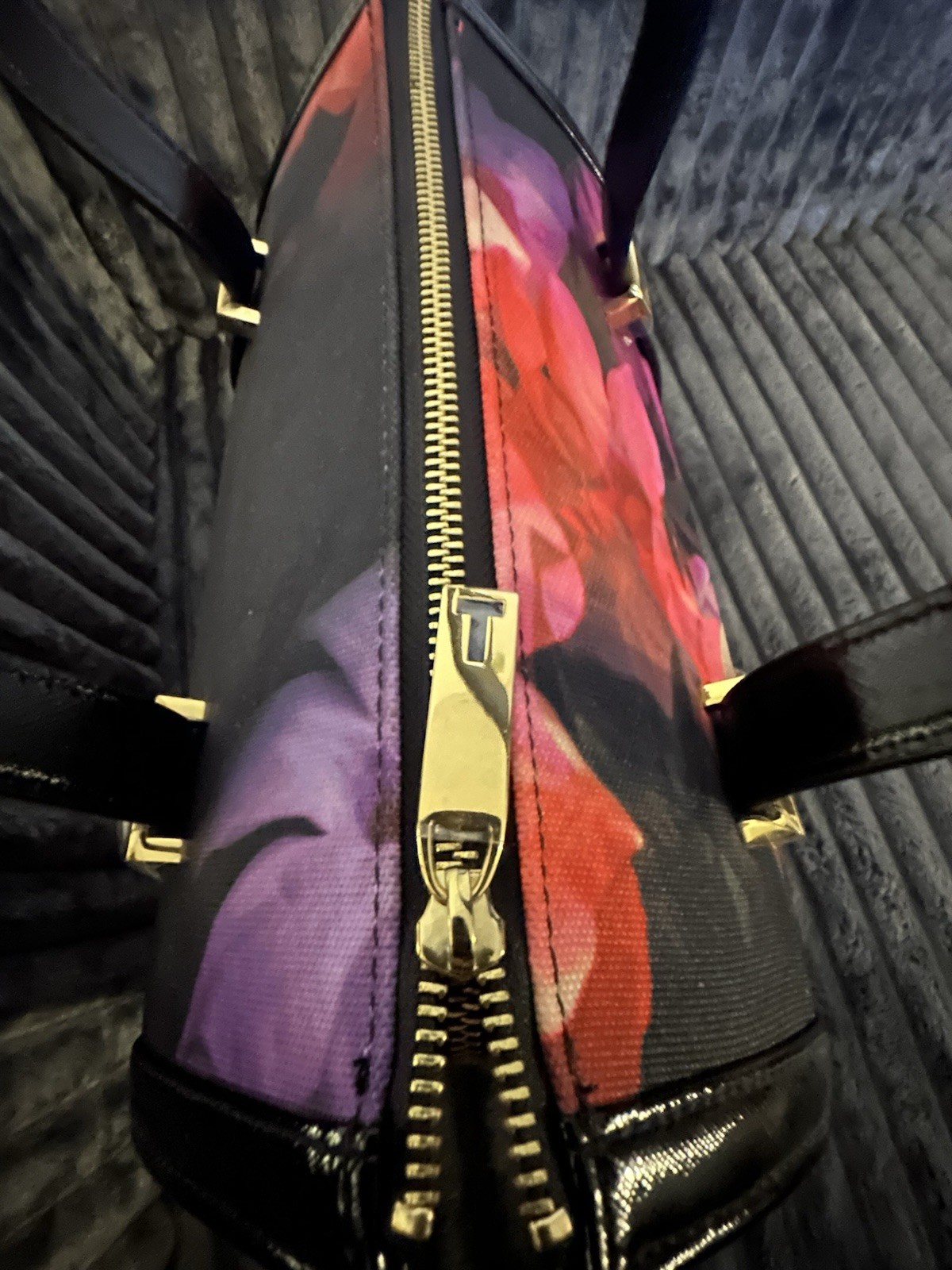 Ted Baker Floral Print Tote Satchel Handbag Black Patent Trim Gold Hardware