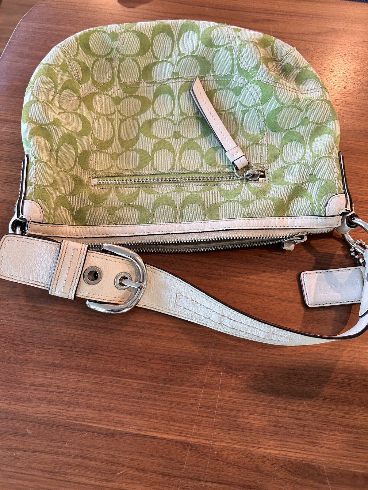 Coach APPLE GREEN Signature Canvas White Leather Trim Shoulder Bag Y2K Rare