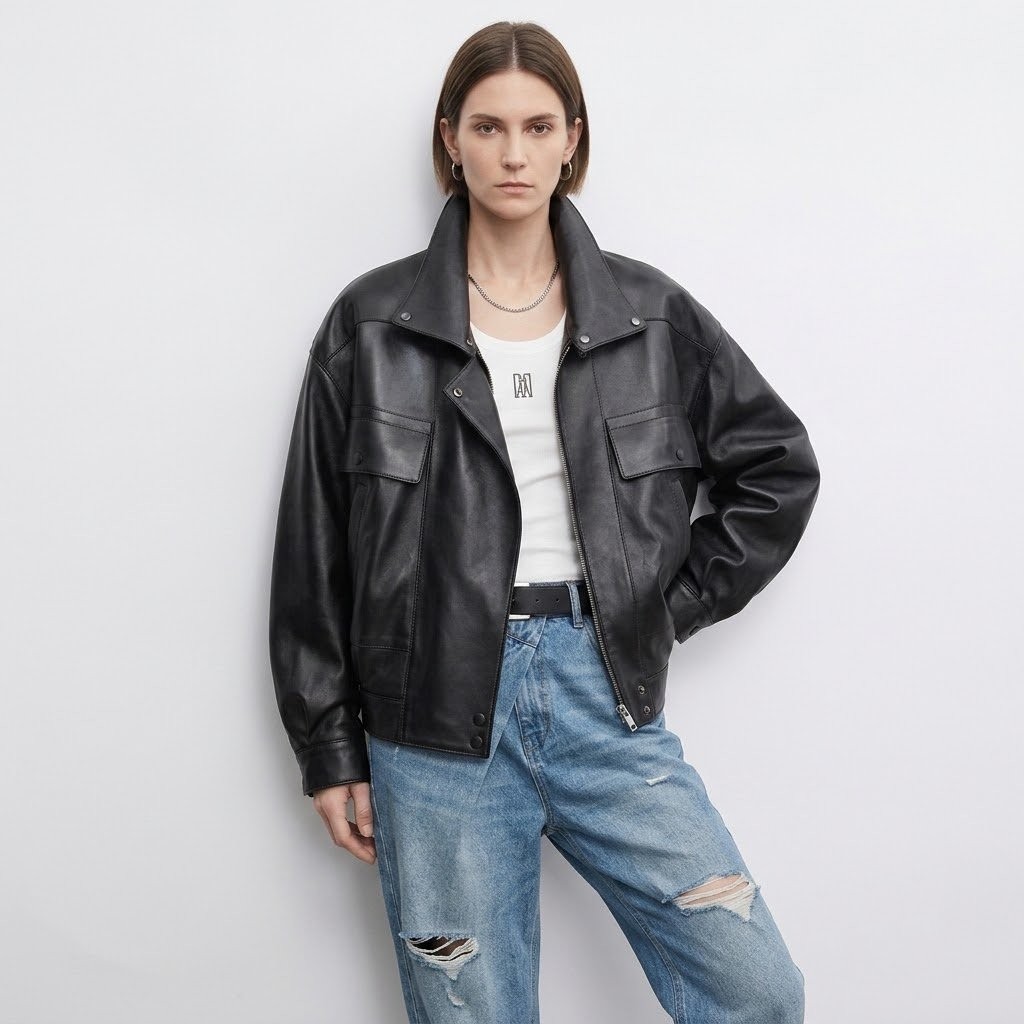 Women’s Black Leather Bomber Jacket Oversized Utility Style Real or Faux Leather