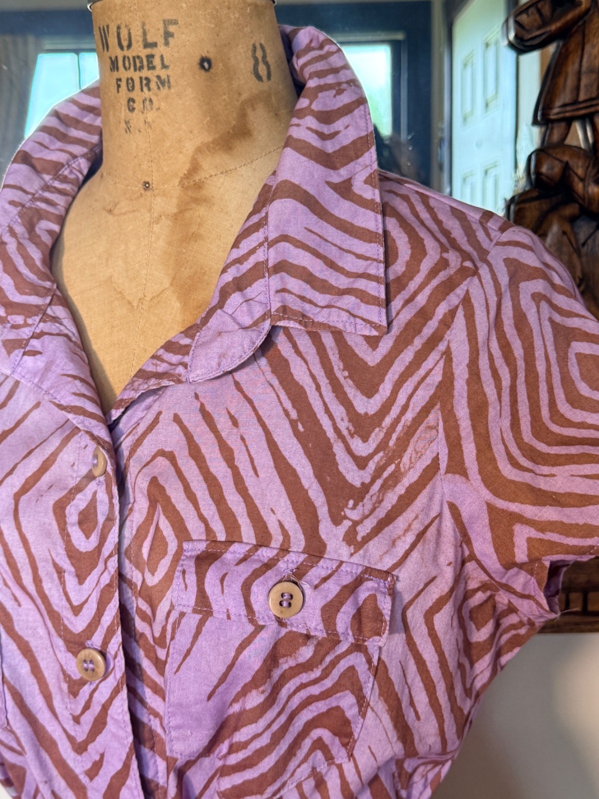 Global Mamas Cotton Lavender/Brown Batik Dress Size L
