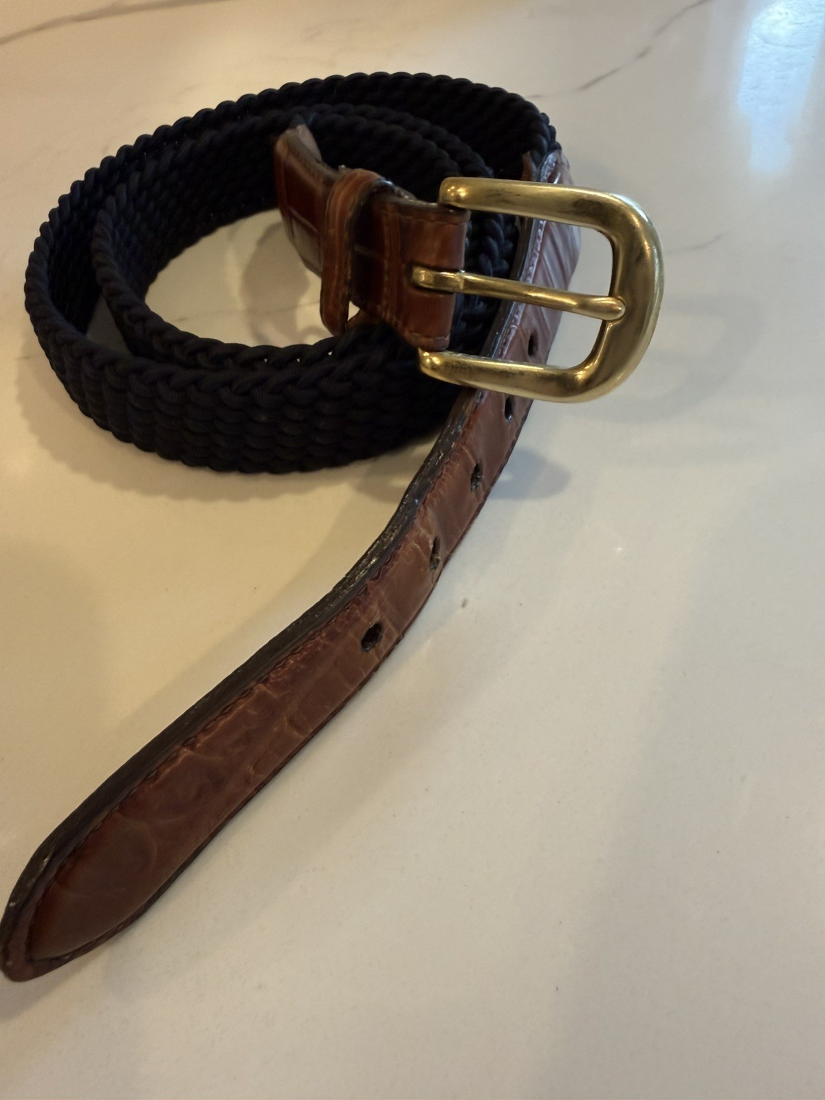 Brighton Mens Moc Croc Leather Belt & Black Woven Stretch Elastic Cord Size 42