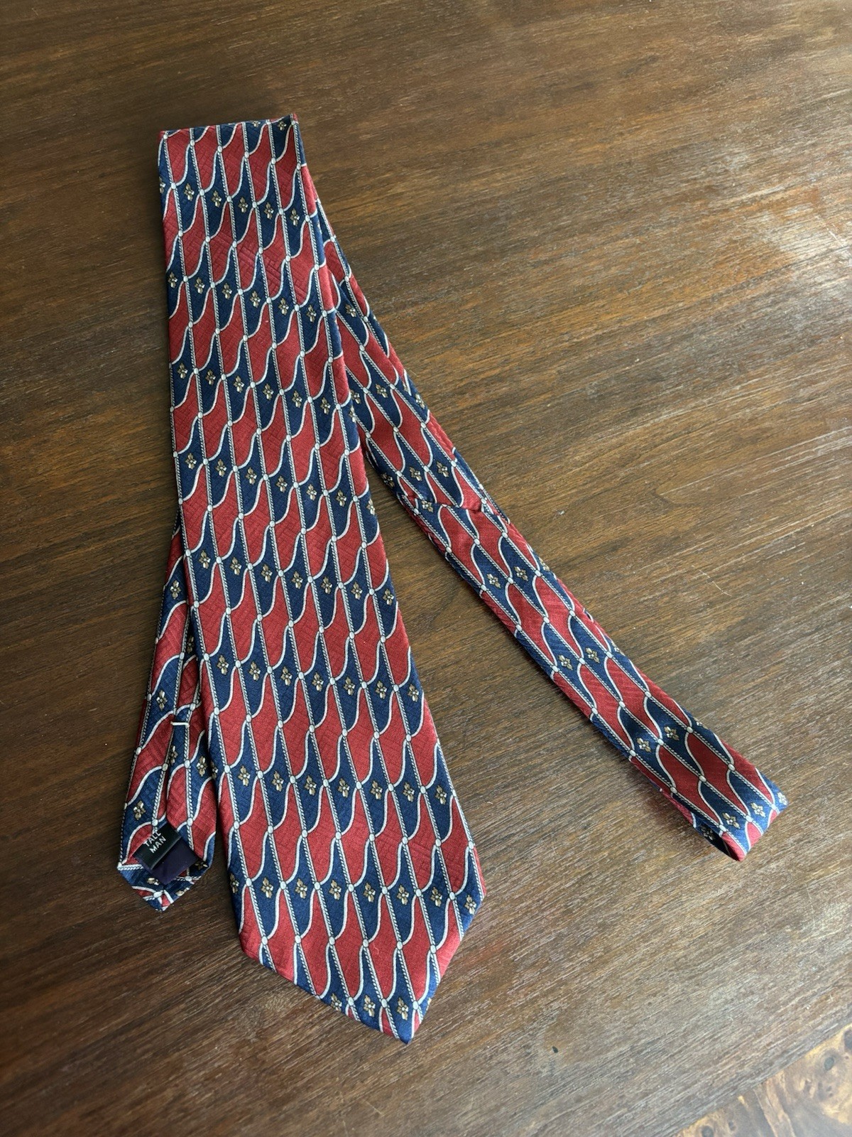 Tom James Silk Neck Tie Tall Man Red Geometric Medallion Made USA 64 Inches