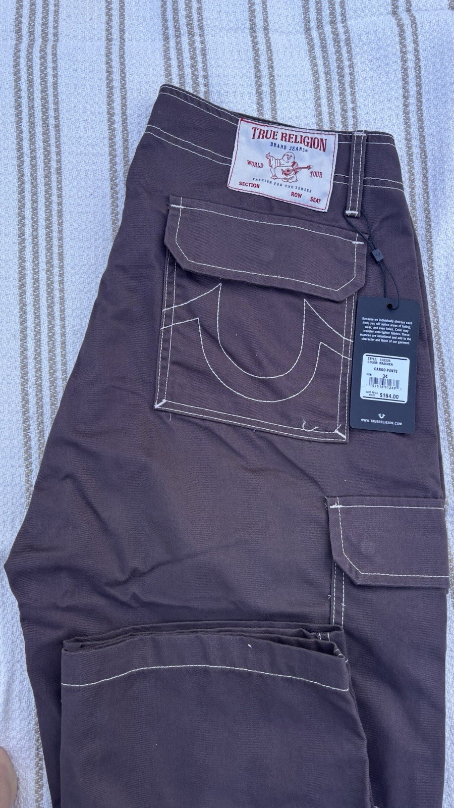 True Religion Men’s Bracken Brown Wide Cargo Pants, Size 34