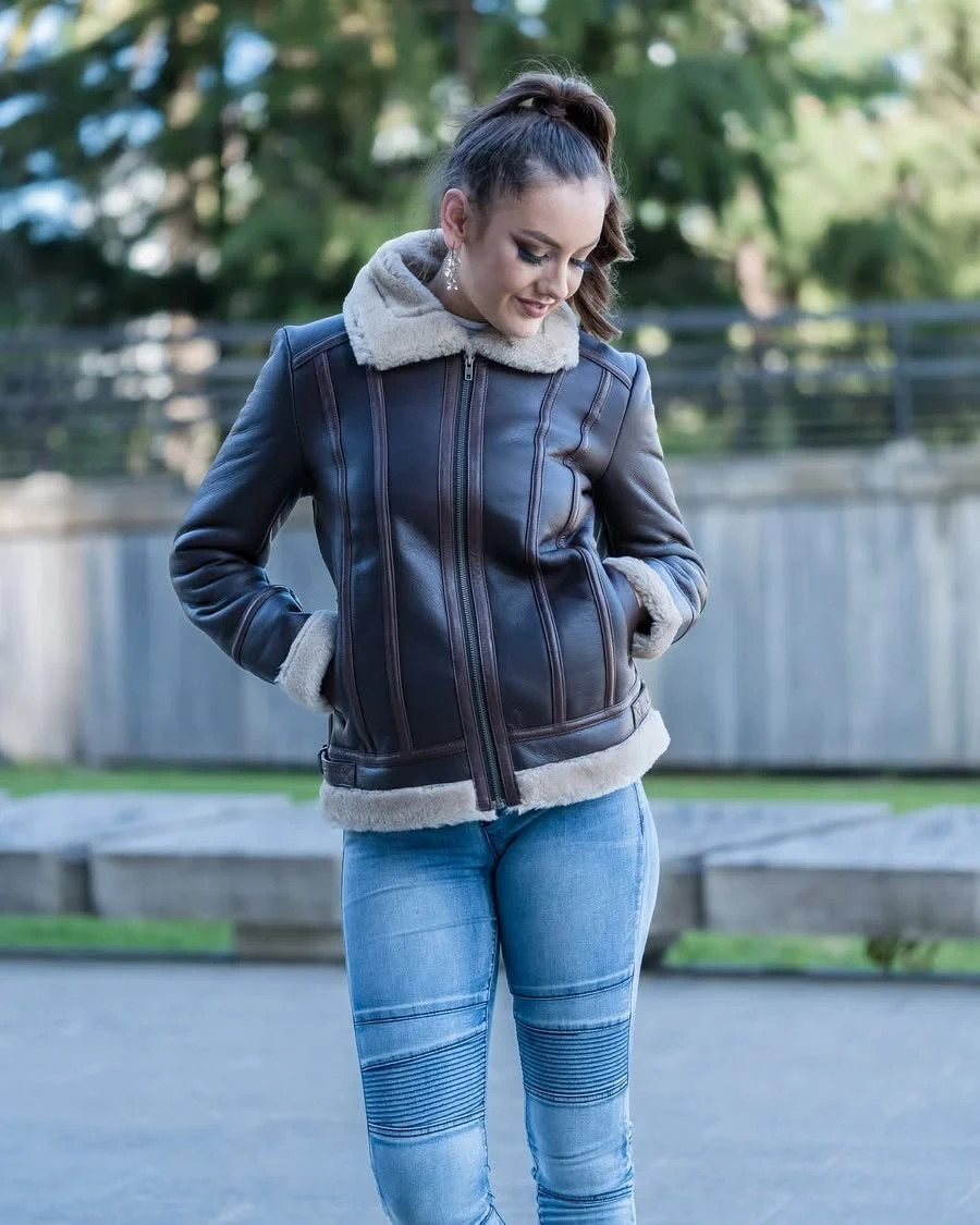 Premium Modern Brown Genuine Leather Jacket Women’s Chic Winter Outfit XS to 2XL