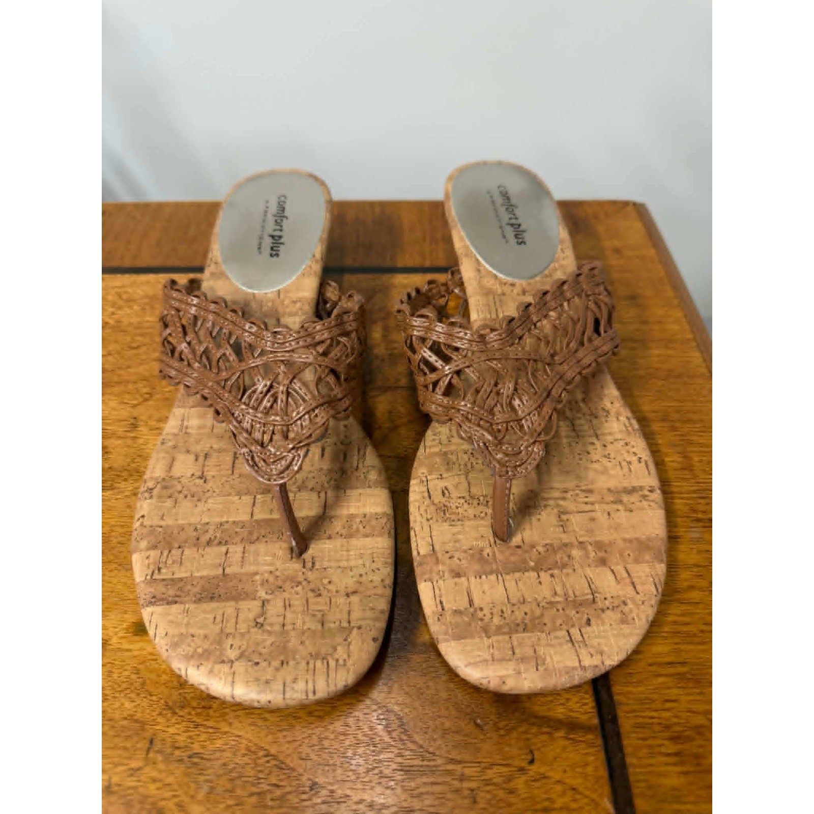 Comfort Plus by Predictions Brown Woven Cork Wedge Sandals Womens 9.5 152189