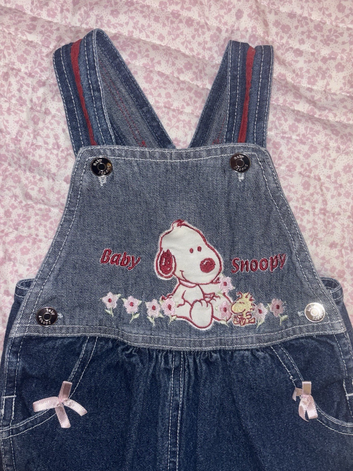 3-6M Blue Denim Overall One-Piece, Embroidered Snoopy & Woodstock, Pockets