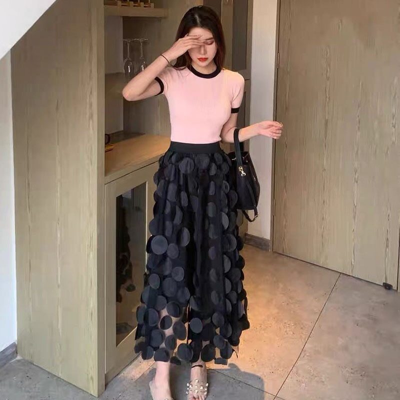 Mesh Long Skirts Fashion Elastic High Waist Tulle Skirt Casual A-Line Skirt