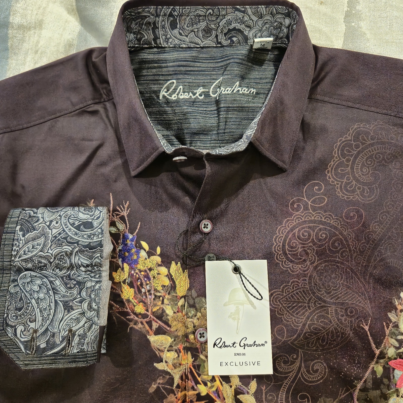 NWT $348 ROBERT GRAHAM AMAIRA 2 EMBROIDERED FRONT EAGLE BERRY COTTON SHIRT M