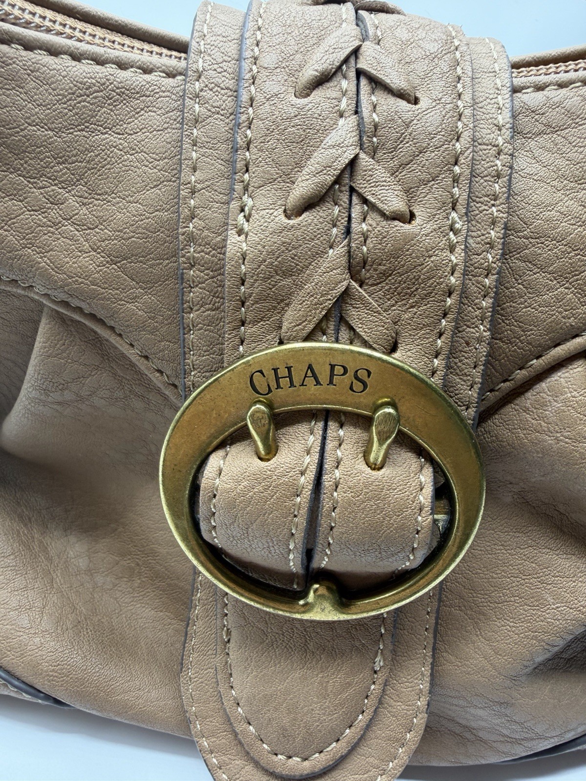 Chaps Brown Shoulder Bag Zip Top Gold Hardware Buckle Lacing Inner/Outer Pockets