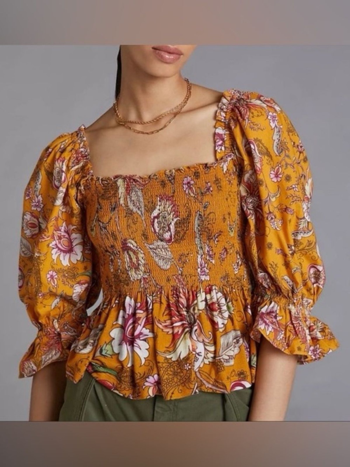 Anthropologie Conditions Apply Marigold Yellow Smocked Puff Sleeve Blouse Medium
