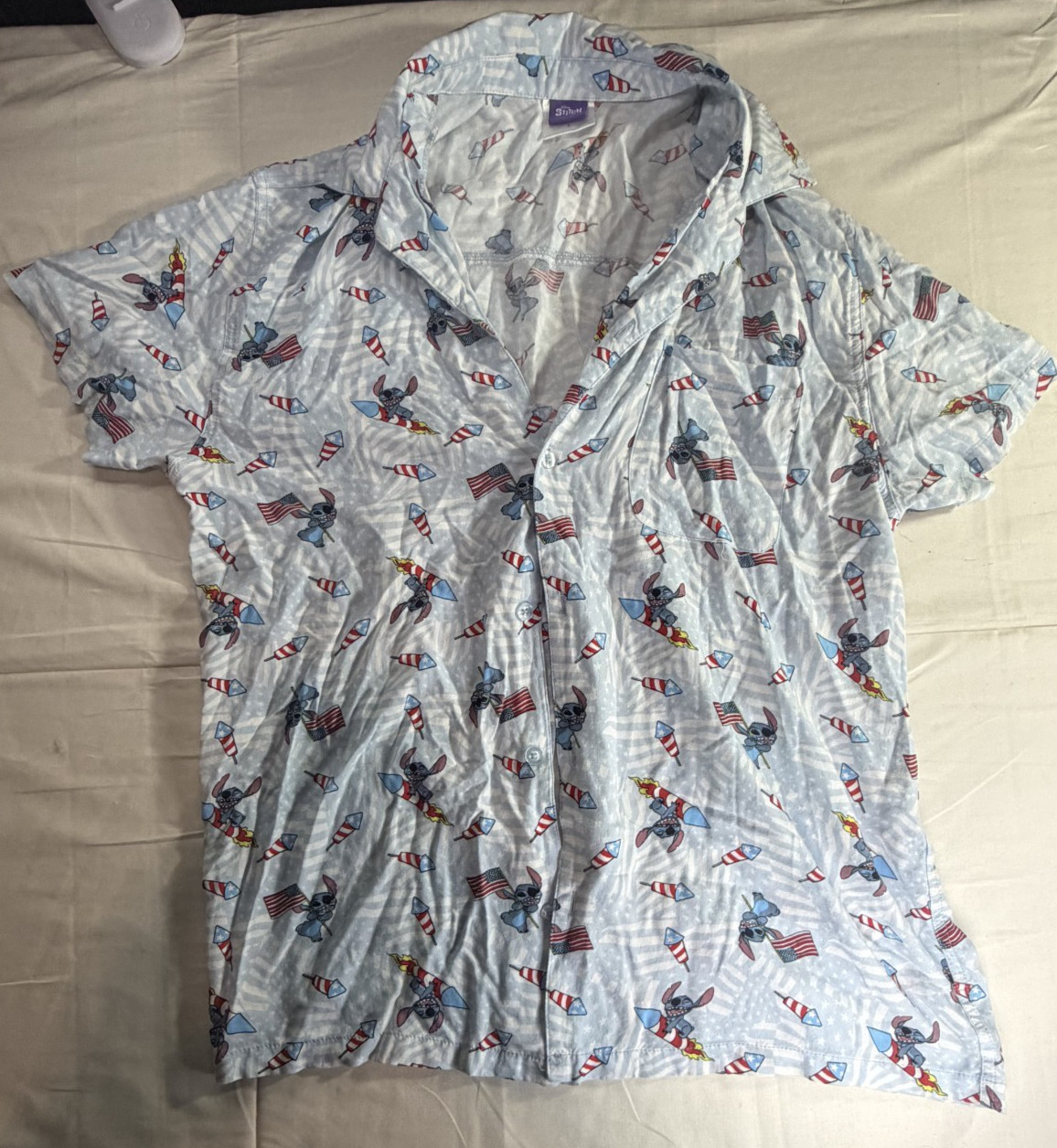 Disney Lilo & Stitch USA Fireworks Hawaiian Button Shirt Adult LG 4th of July