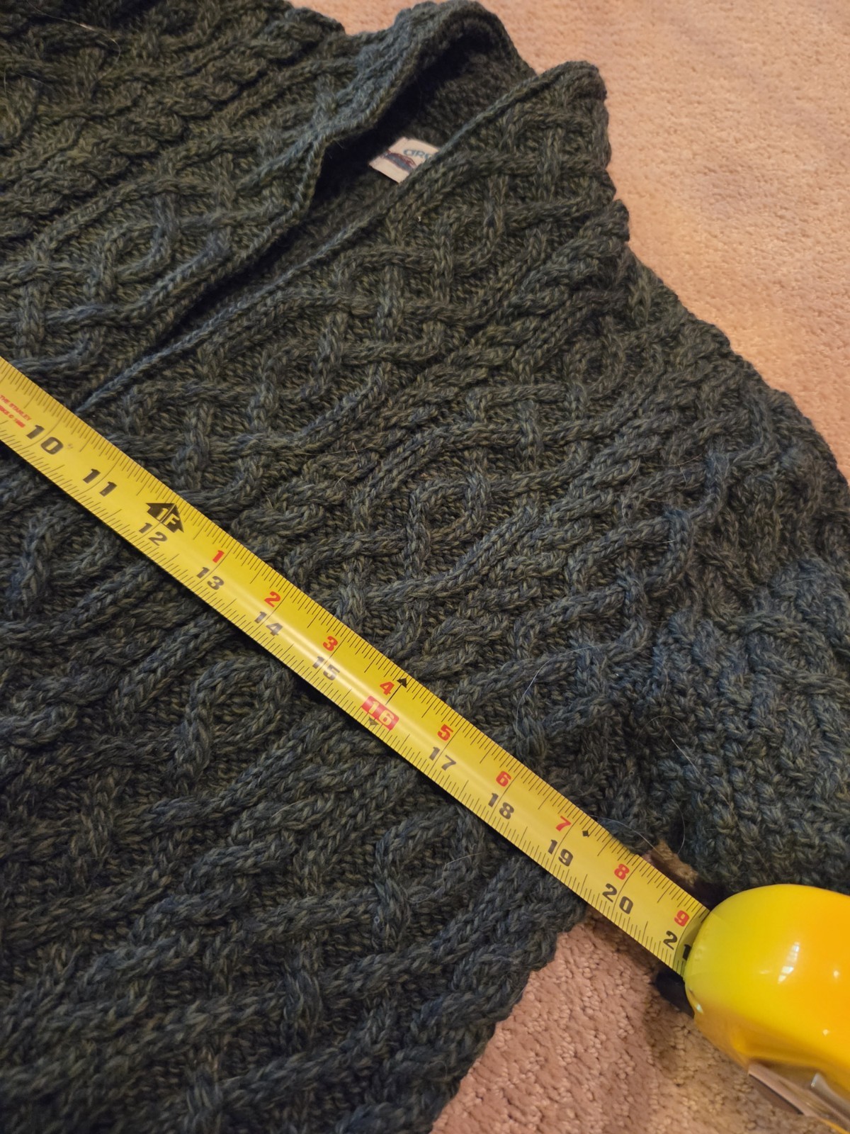 Aran Crafts Of Ireland 100% Wool Dark Green Open Front Long Cardigan Size L