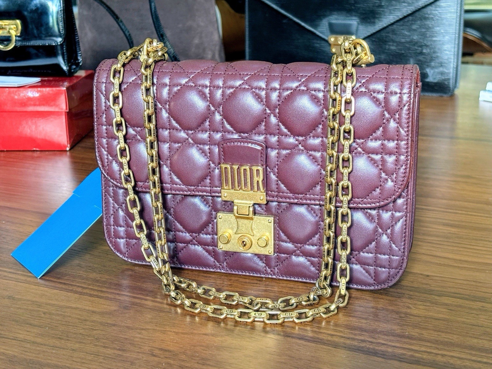 Dior Addict Quilted Cannage Burgundy Chain Shoulder Bag Gold Hardware Clasp