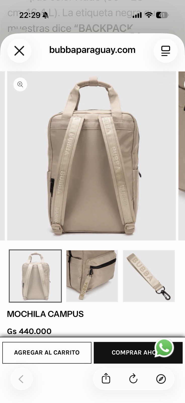 Bubba Essentials Beige Campus Backpack, Waterproof Zip, Bag Charm, Black HW
