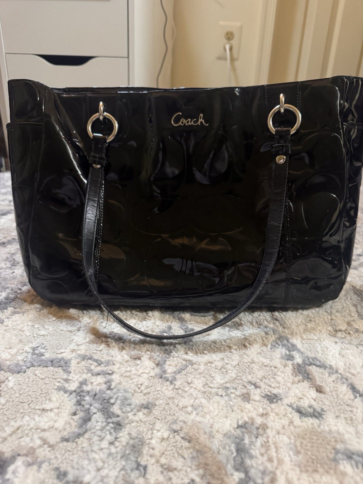 Coach Signature Black Tote Bag Zip Closure Silver Hardware Double Handles