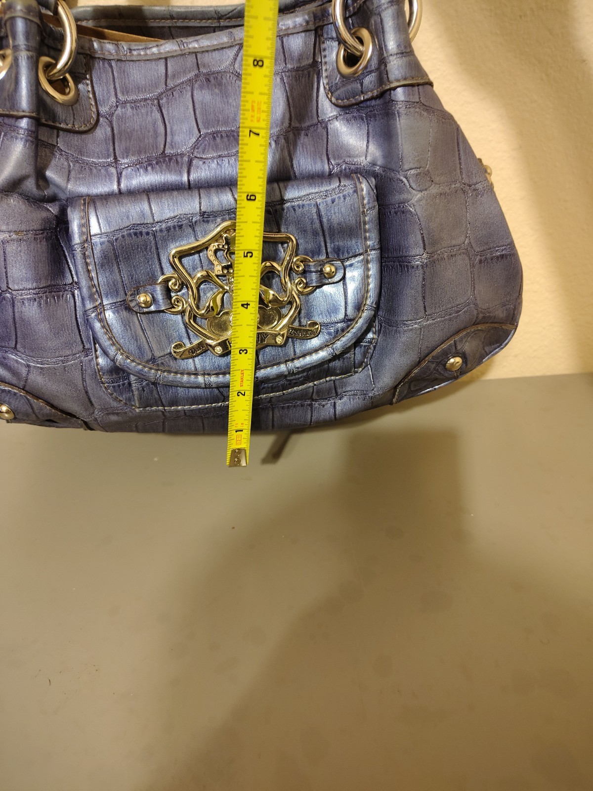 Kathy VanZeeland Metallic Silver Croc-Embossed Handbag with Crest Emblem