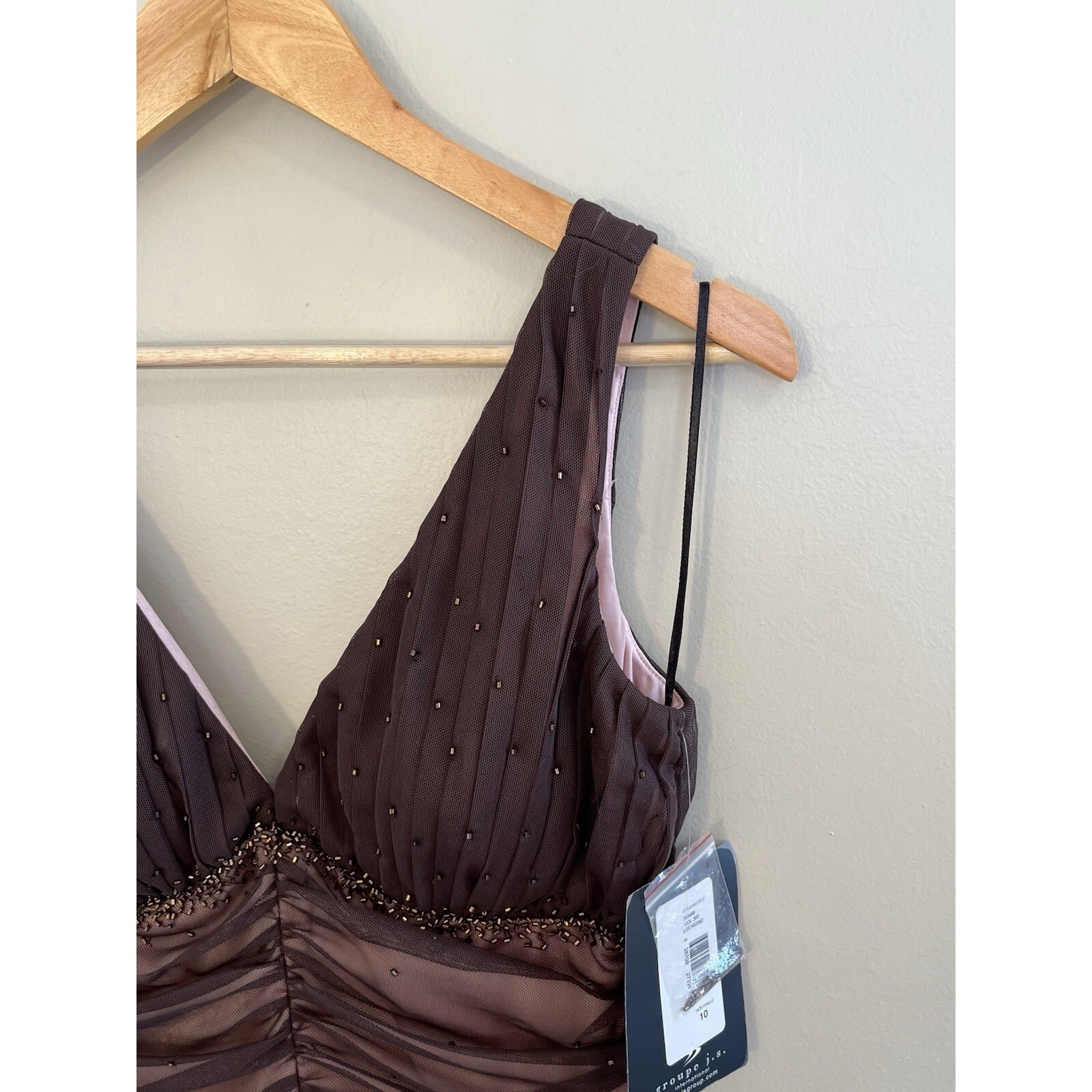 JS Boutique Y2K Dress Baby Doll Beading Ruching Tulle Sheer Brown Pink NWT