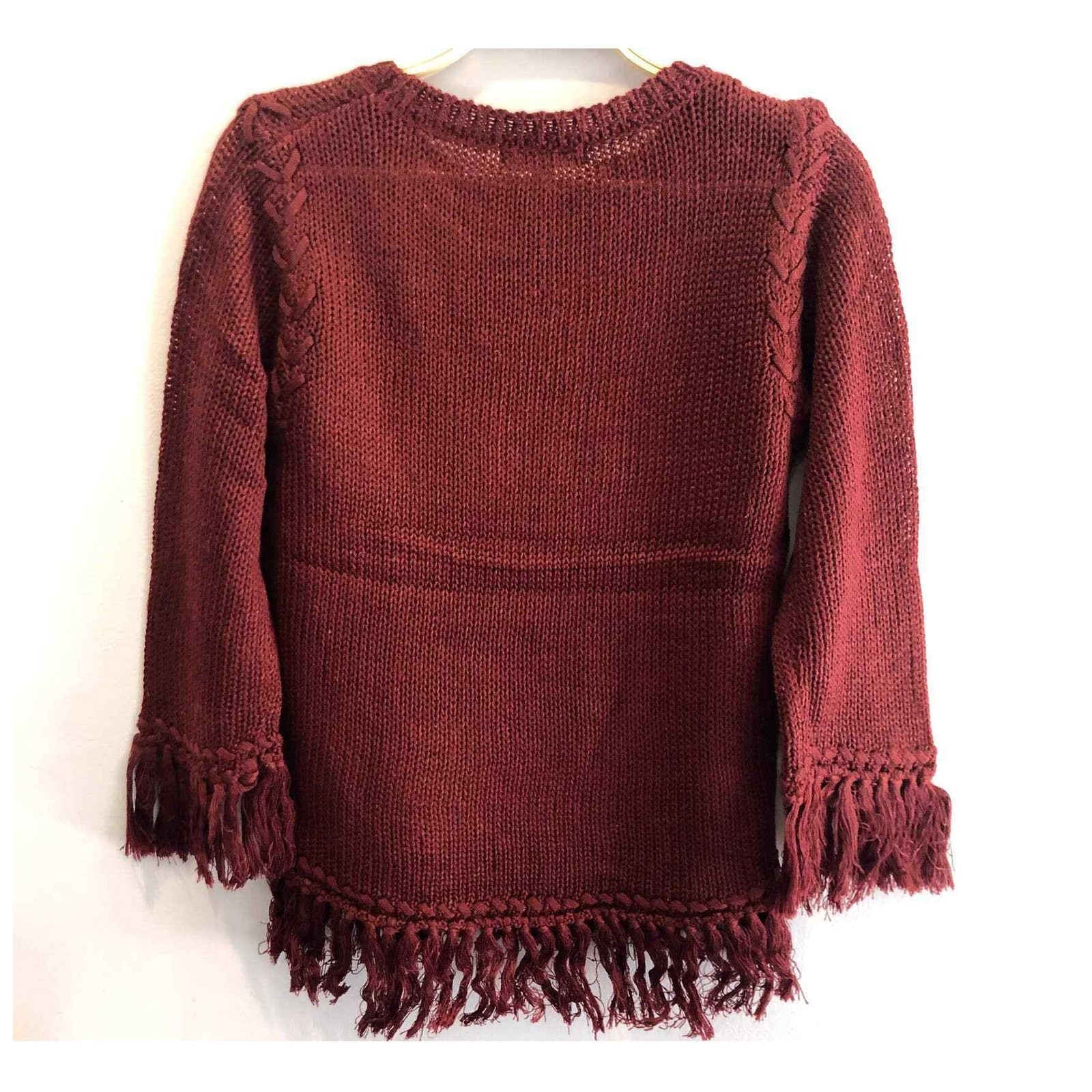 nwt BB Dakota Young Wild & Free Sweater size XS Braid Fringe Hem in Burgundy Red