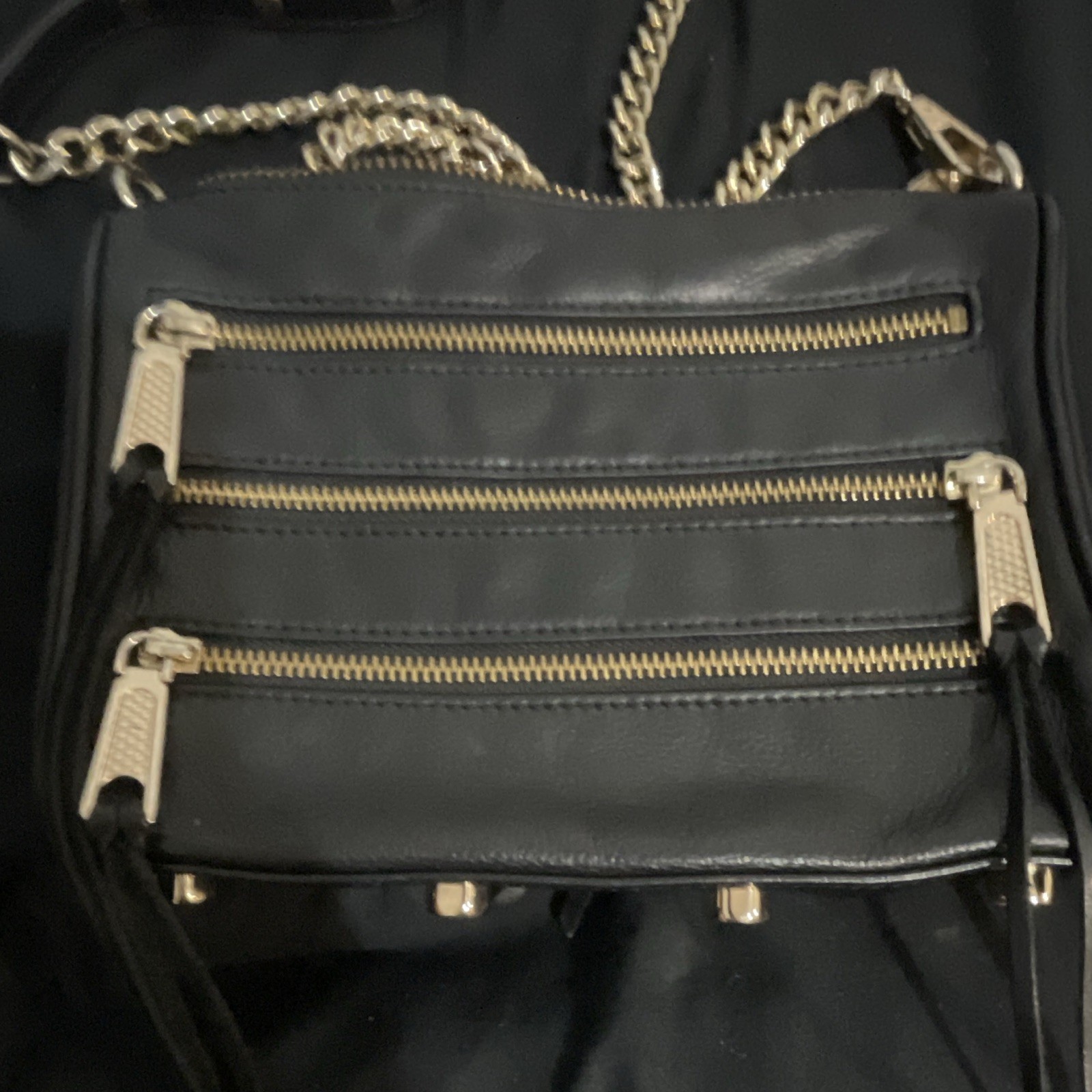 Rebecca Minkoff Black Triple Zip Crossbody Bag Chain Strap Gold Hardware