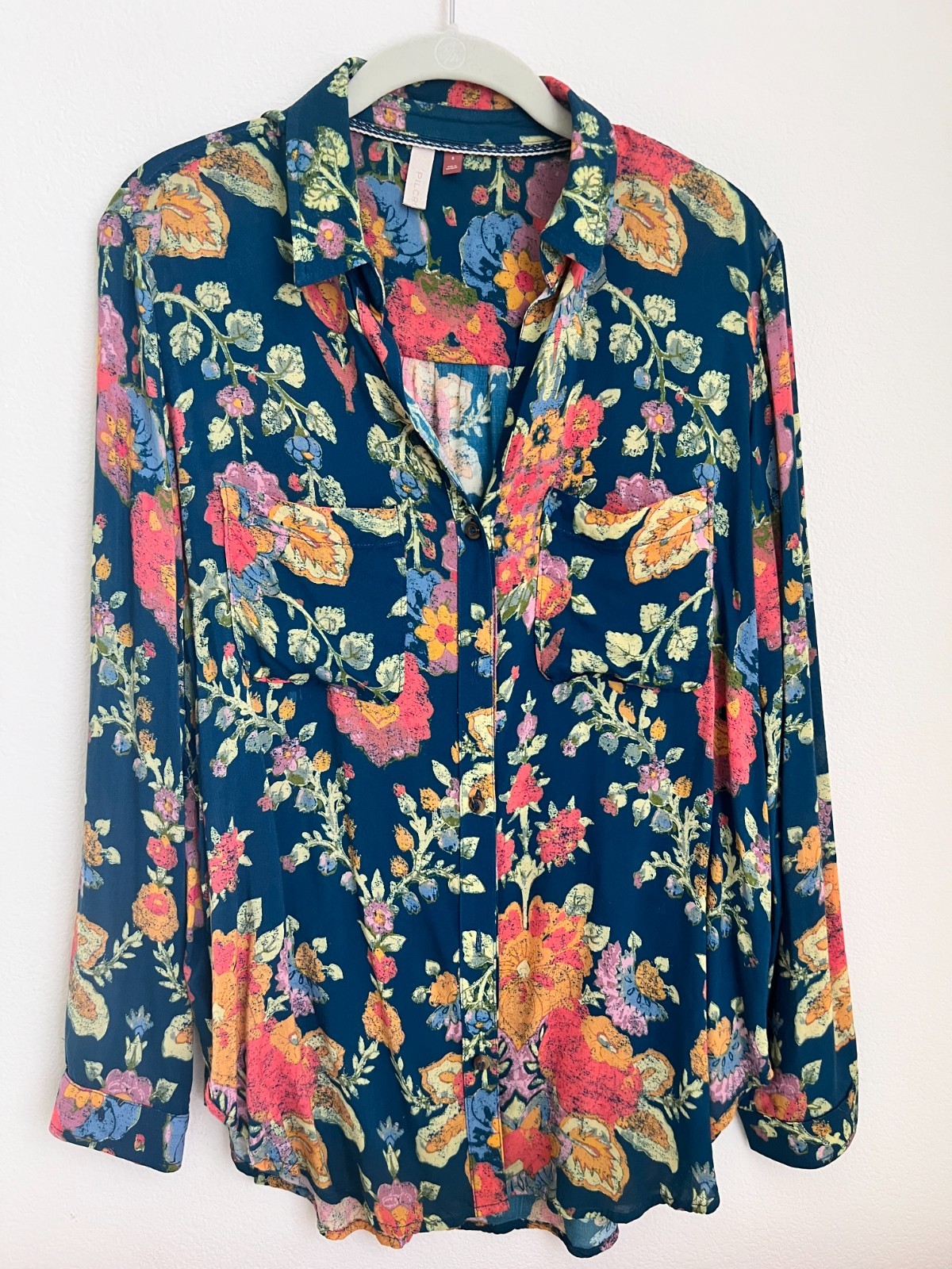 Pilcro Urban Outfitters Women’s Teal Floral Button Front Long Sleeve Boho Sz S