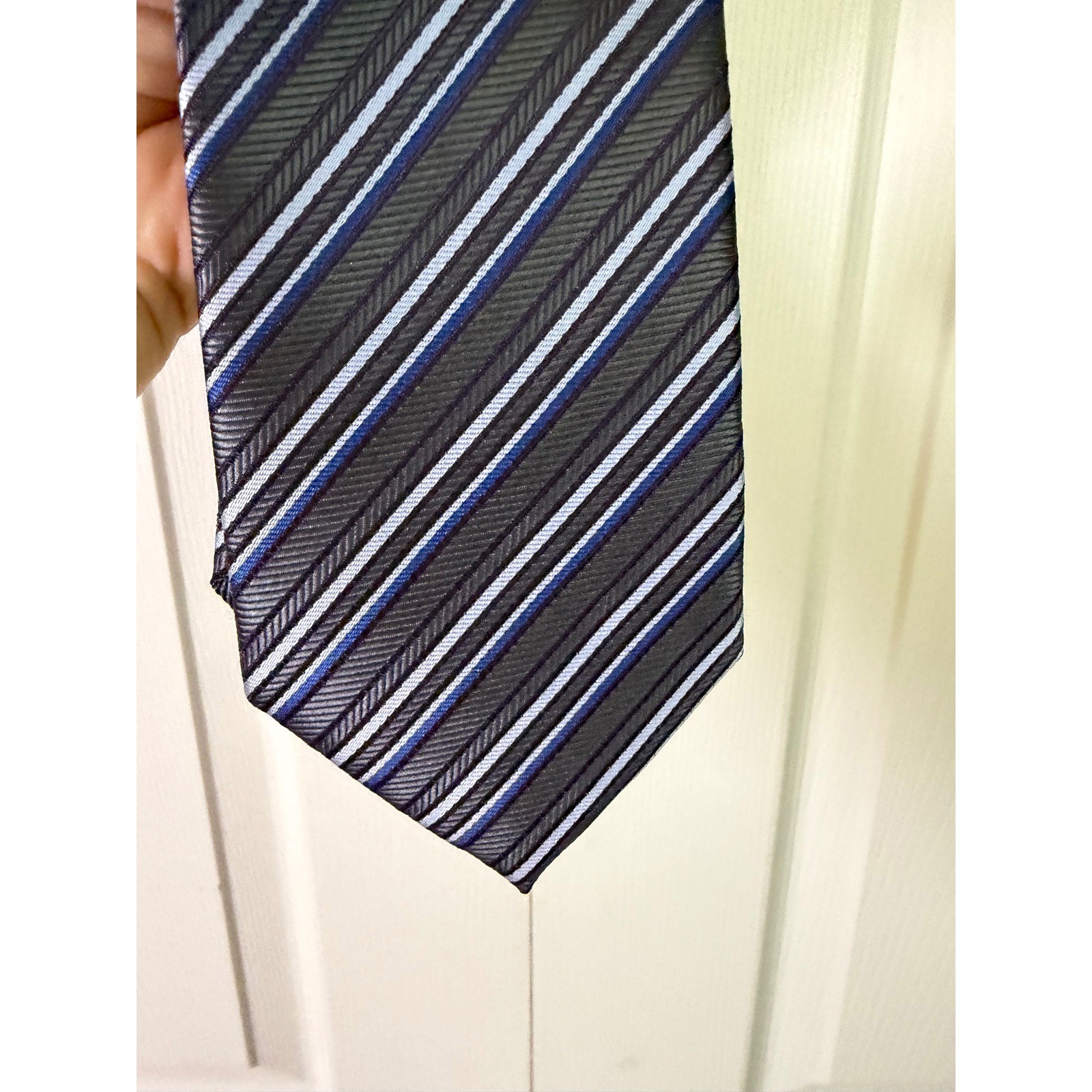 WeiShang Mens Silk Tie Grey Navy Light Blue Diagonal Striped Herringbone Texture