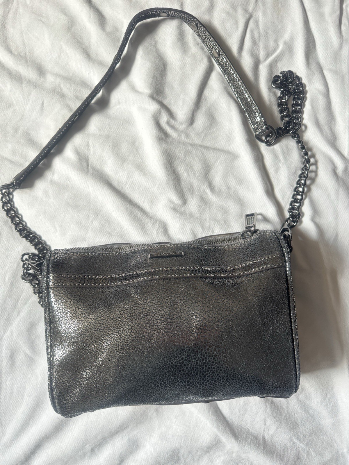 Rebecca Minkoff Mini Mac Clutch SILVER Metallic Black Hardware Crossbody 9”x7”
