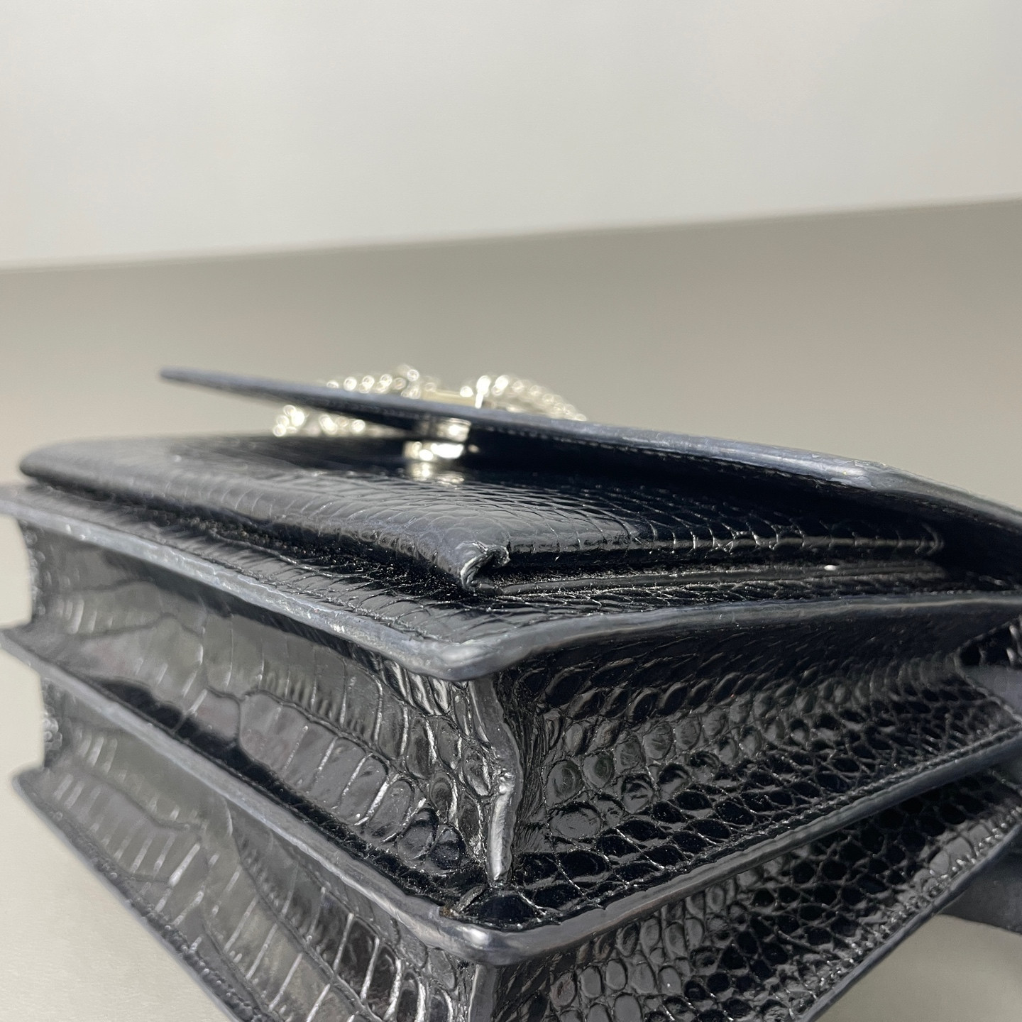 Authentic Saint Laurent Sunset Crocodile Embossed Leather Crossbody Black eBay