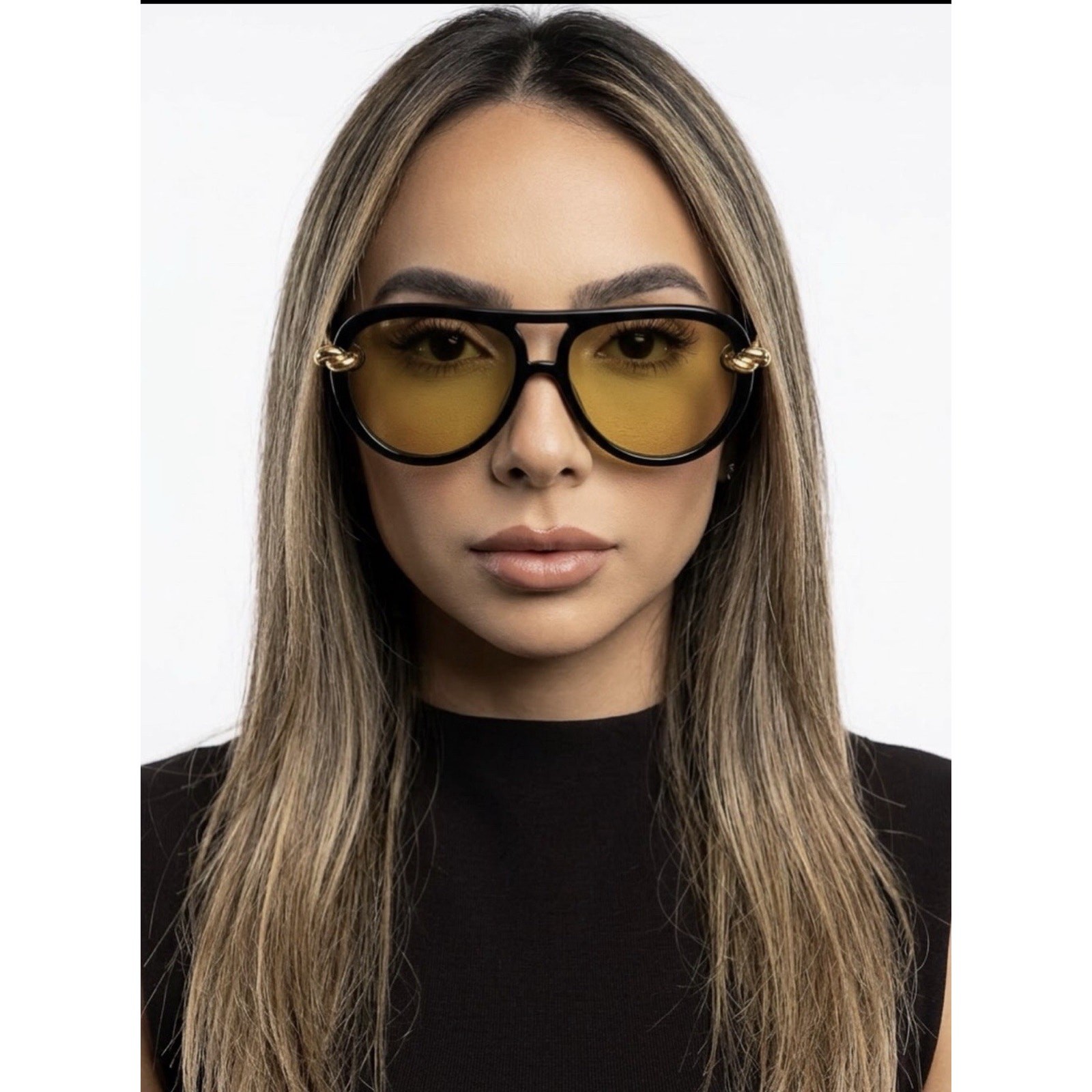 BOTTEGA VENETA BV1418S 001 Gold Black Unisex KNOT Pilot Sunglasses AUTHENTIC