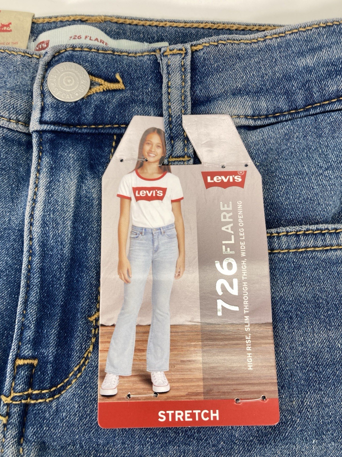 Levis 726 Flare Jeans Girls 8 24X26 Blue Denim Stretch Adjustable High Rise NWT