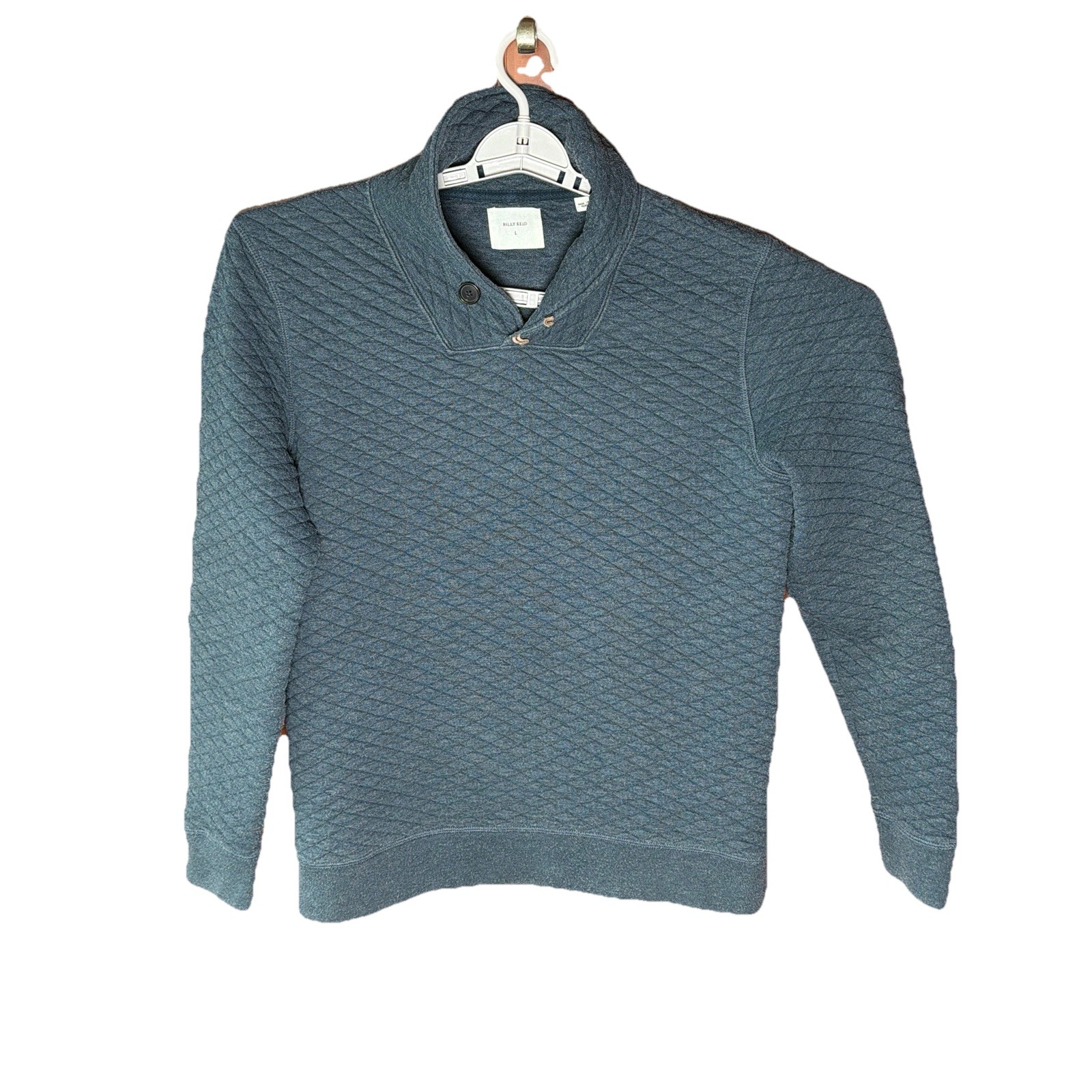 Billy Reid Quilted Sweater Men L Blue Pullover Cowl Shawl Neck Elbow Patches