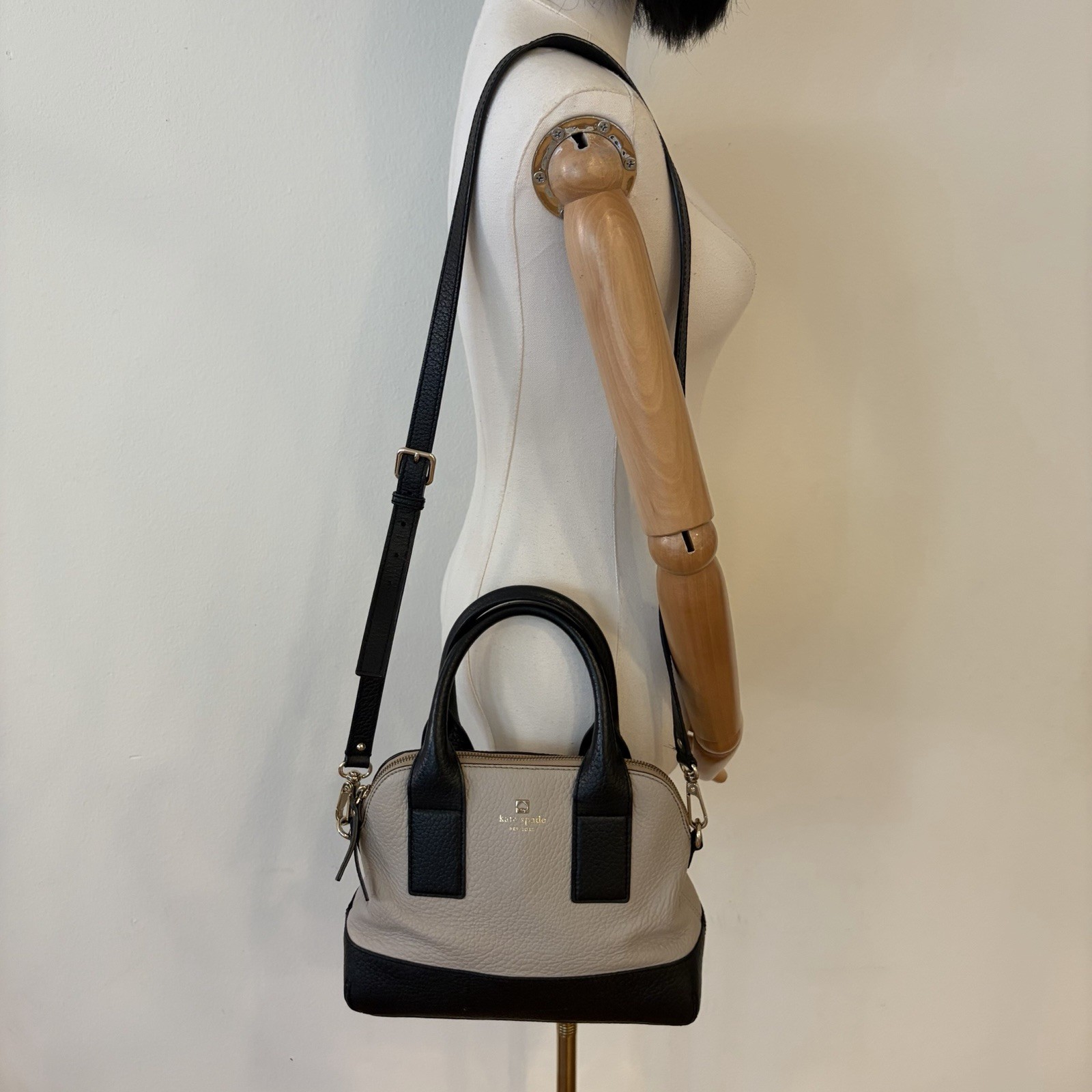 ⁠Kate Spade Leather Satchel Crossbody Bag Two Tone Black Taupe Purse Handbag