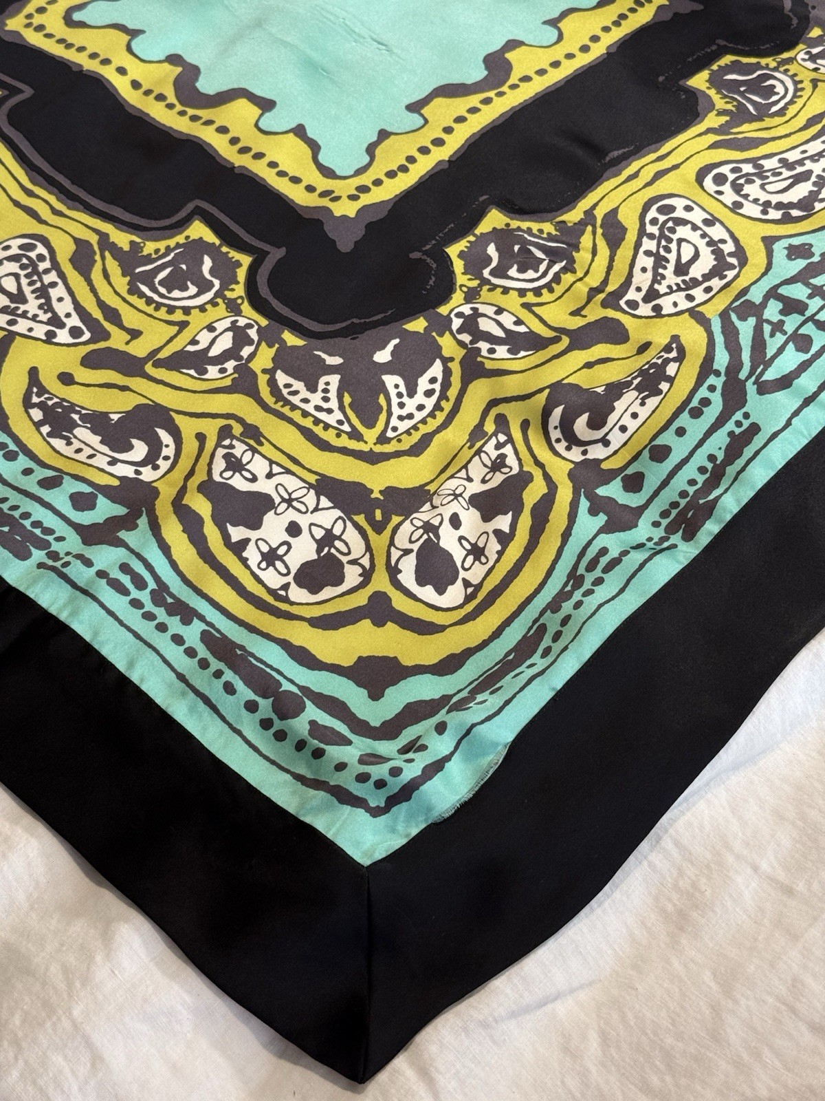 Vera Neumann Bold Teal Black Celadon Silk Scarf With Double Layer Border 43in Sq