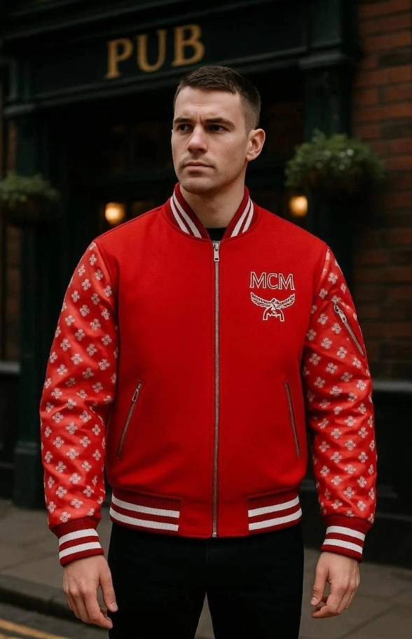 MCM Leather Varsity Jacket MCM Printed Monogram Leather Sleeves Streetwear